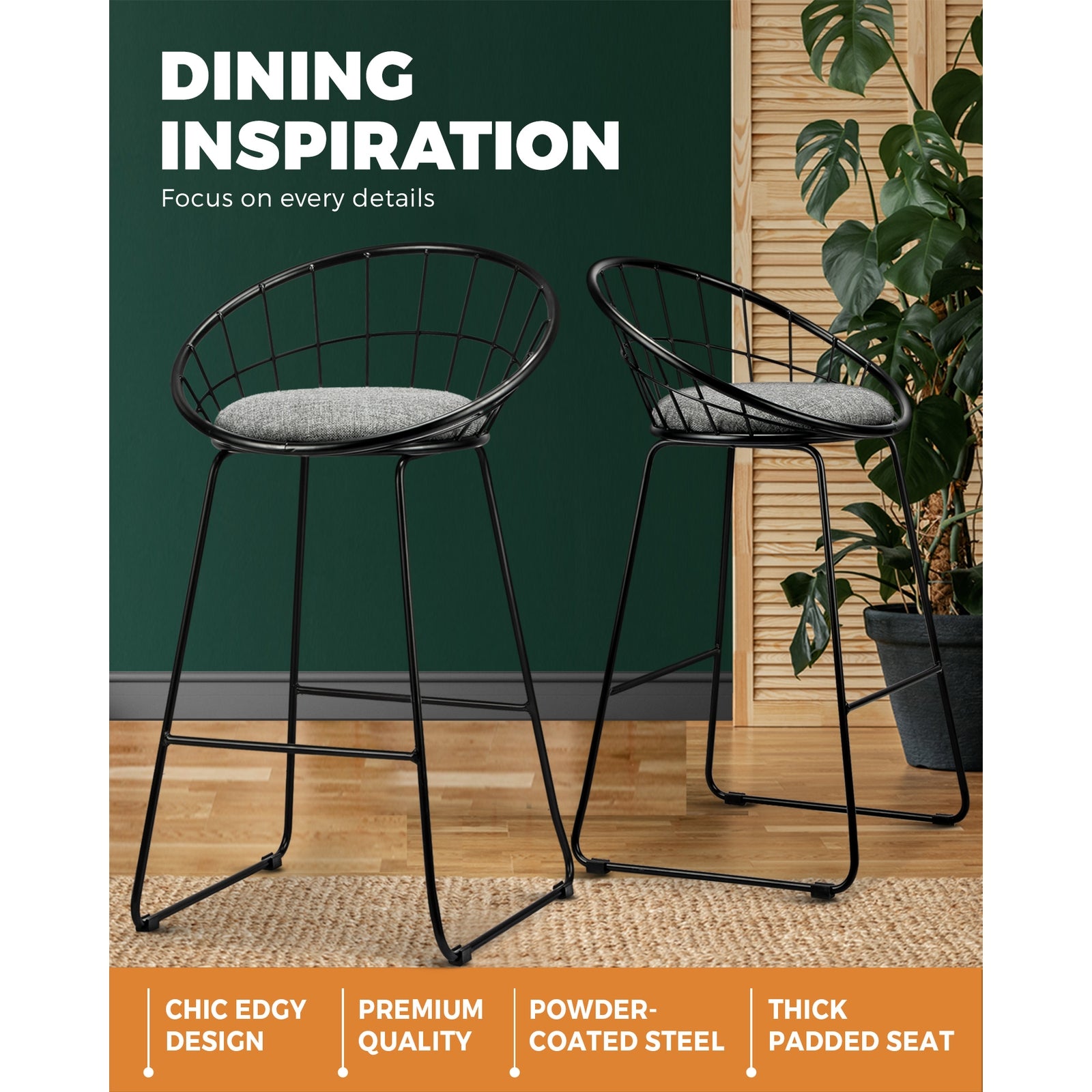 2x Oikiture Bar Stools Metal Bar Stool Kitchen Chairs Grey Fabric Metallic Black - Sunyee