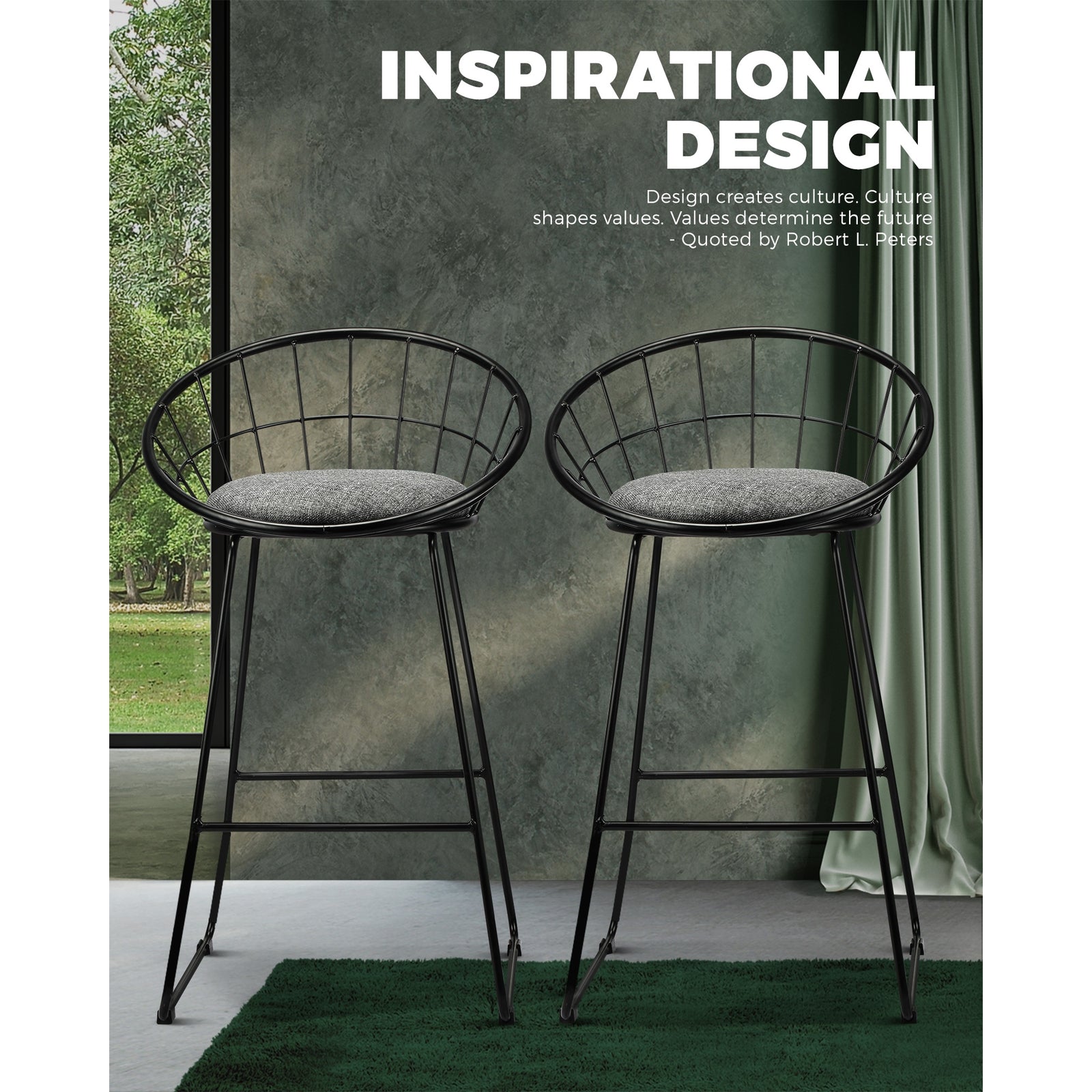 2x Oikiture Bar Stools Metal Bar Stool Kitchen Chairs Grey Fabric Metallic Black - Sunyee