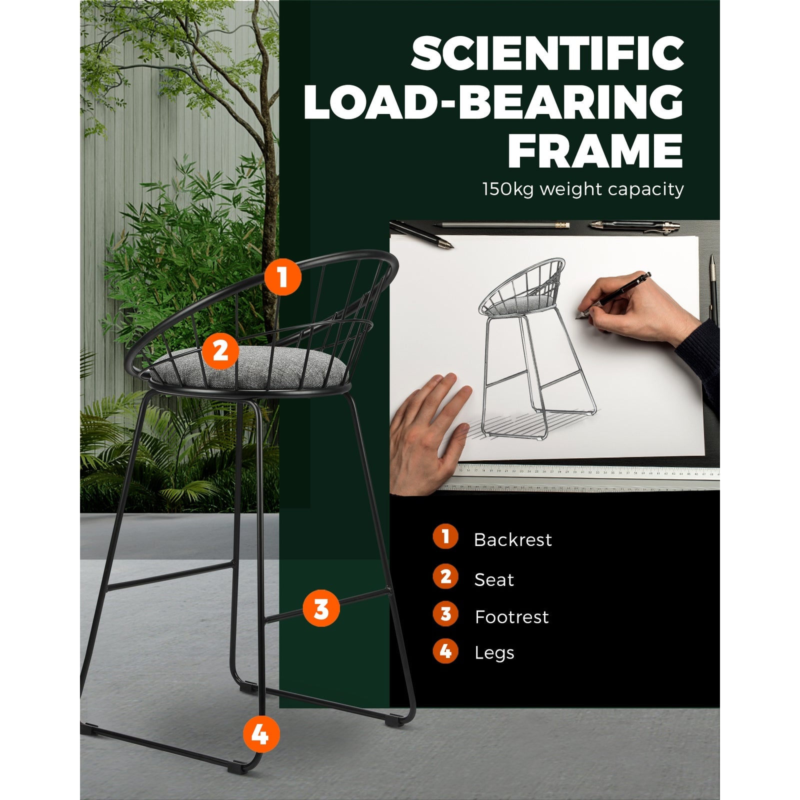 2x Oikiture Bar Stools Metal Bar Stool Kitchen Chairs Grey Fabric Metallic Black - Sunyee