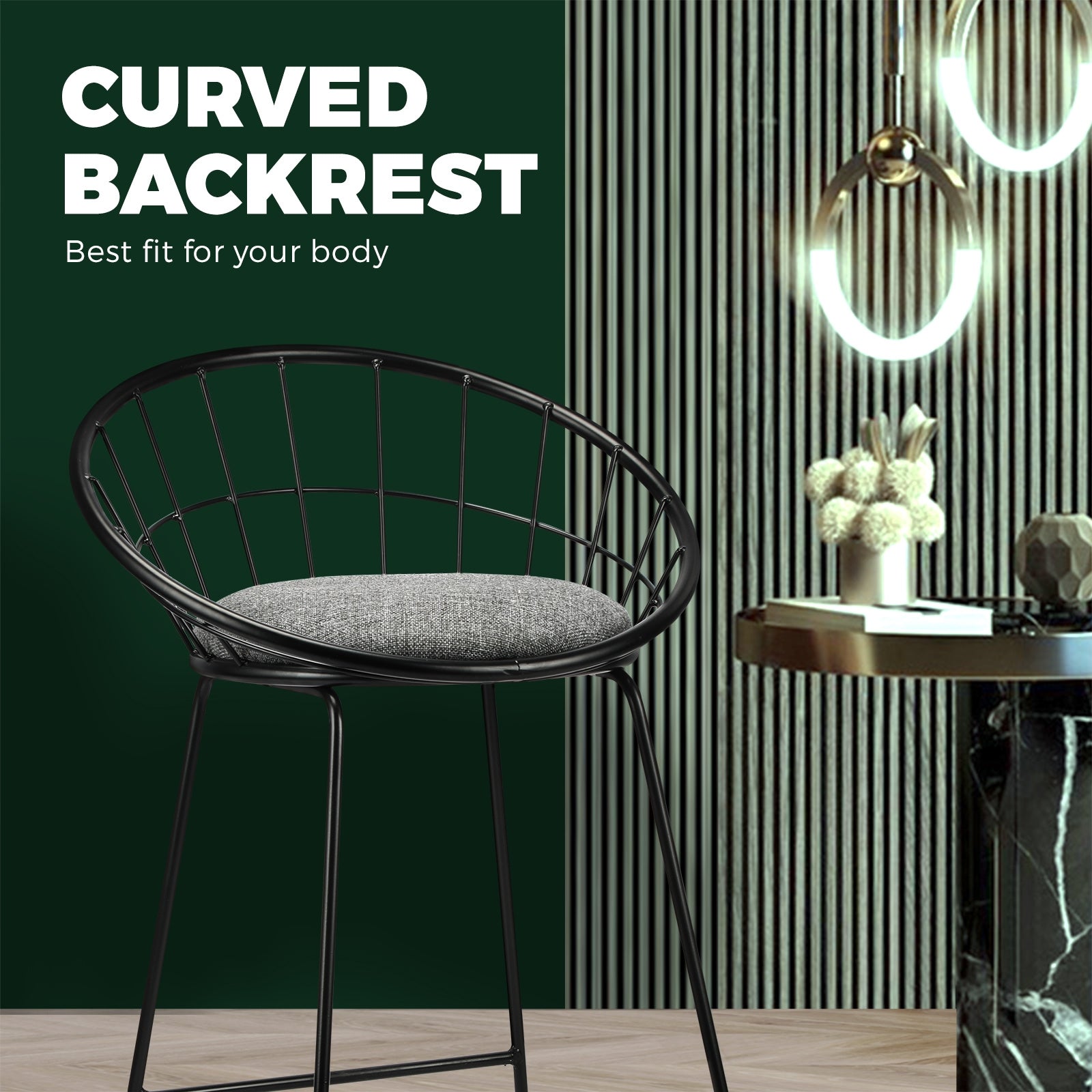 2x Oikiture Bar Stools Metal Bar Stool Kitchen Chairs Grey Fabric Metallic Black - Sunyee