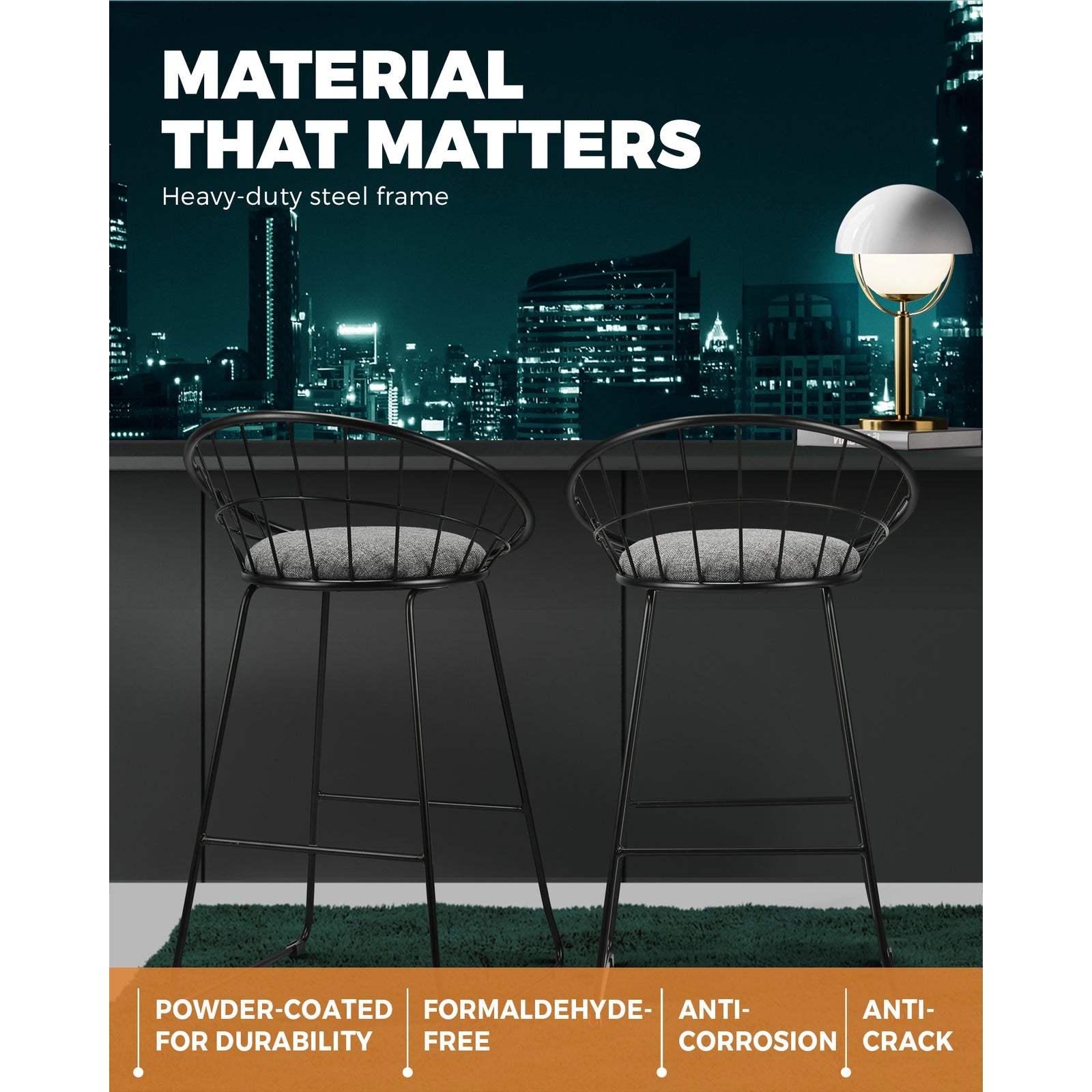 2x Oikiture Bar Stools Metal Bar Stool Kitchen Chairs Grey Fabric Metallic Black - Sunyee