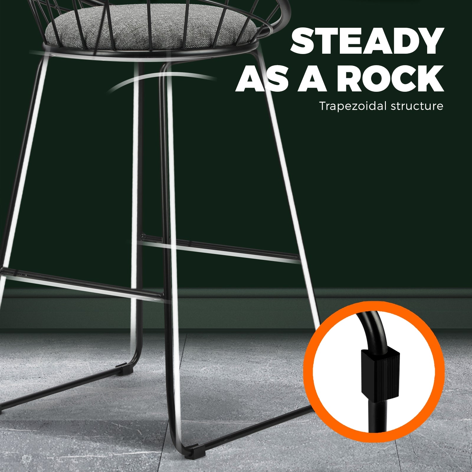 2x Oikiture Bar Stools Metal Bar Stool Kitchen Chairs Grey Fabric Metallic Black - Sunyee