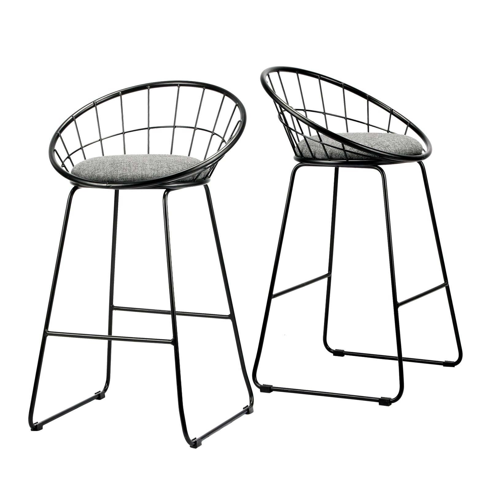 2x Oikiture Bar Stools Metal Bar Stool Kitchen Chairs Grey Fabric Metallic Black - Sunyee