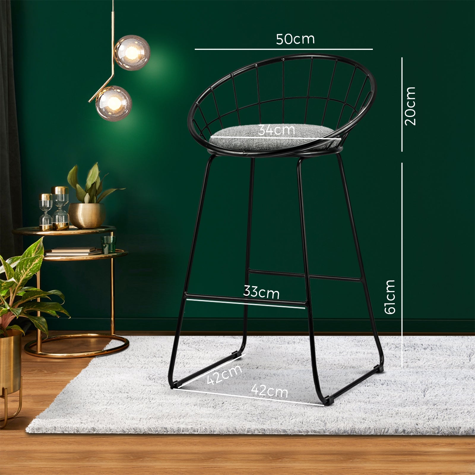 2x Oikiture Bar Stools Metal Bar Stool Kitchen Chairs Grey Fabric Metallic Black - Sunyee