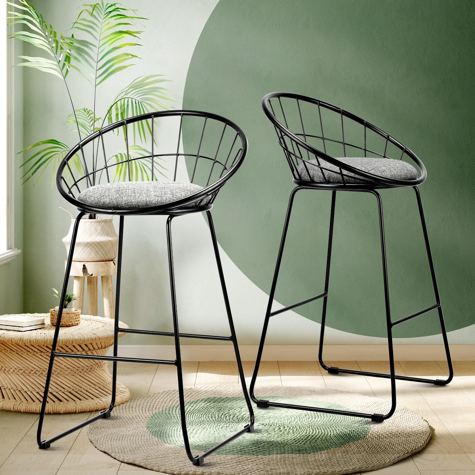 2x Oikiture Bar Stools Metal Bar Stool Kitchen Chairs Grey Fabric Metallic Black - Sunyee