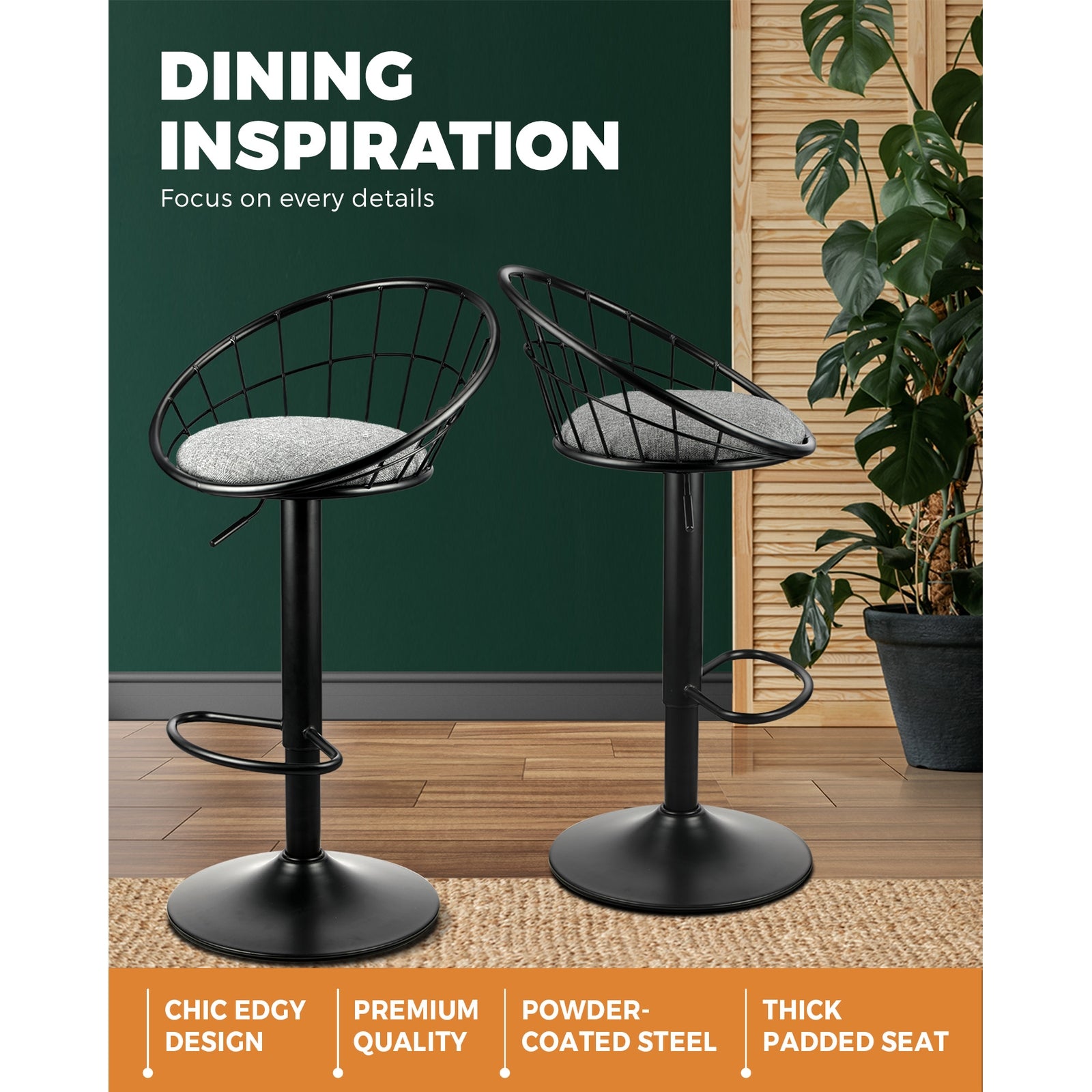 2x Oikiture Bar Stools Gas Lift Metal Bar Stool Kitchen Chairs Grey Fabric Black - Sunyee