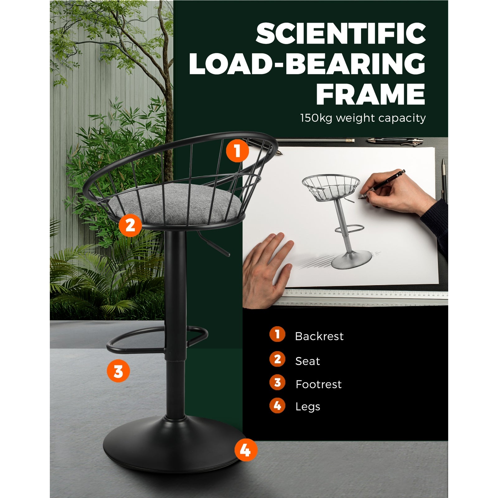 2x Oikiture Bar Stools Gas Lift Metal Bar Stool Kitchen Chairs Grey Fabric Black - Sunyee