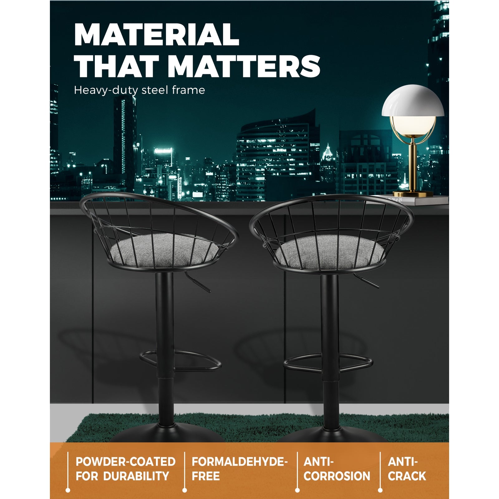 2x Oikiture Bar Stools Gas Lift Metal Bar Stool Kitchen Chairs Grey Fabric Black - Sunyee