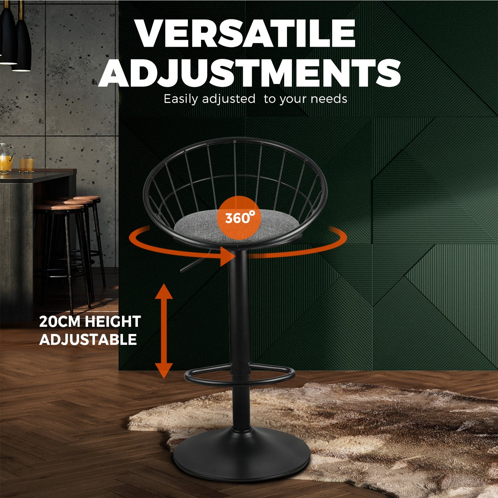 2x Oikiture Bar Stools Gas Lift Metal Bar Stool Kitchen Chairs Grey Fabric Black - Sunyee