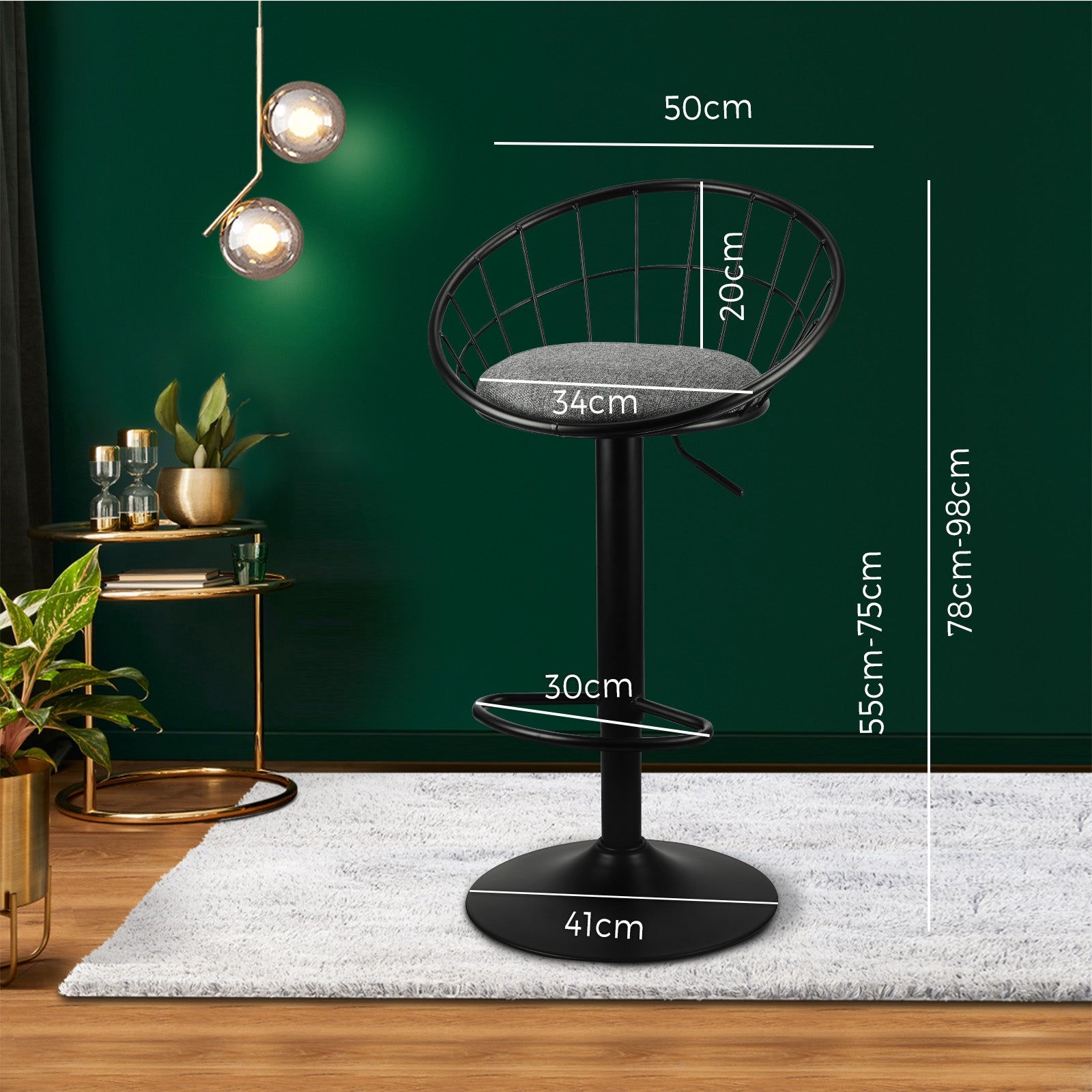 2x Oikiture Bar Stools Gas Lift Metal Bar Stool Kitchen Chairs Grey Fabric Black - Sunyee