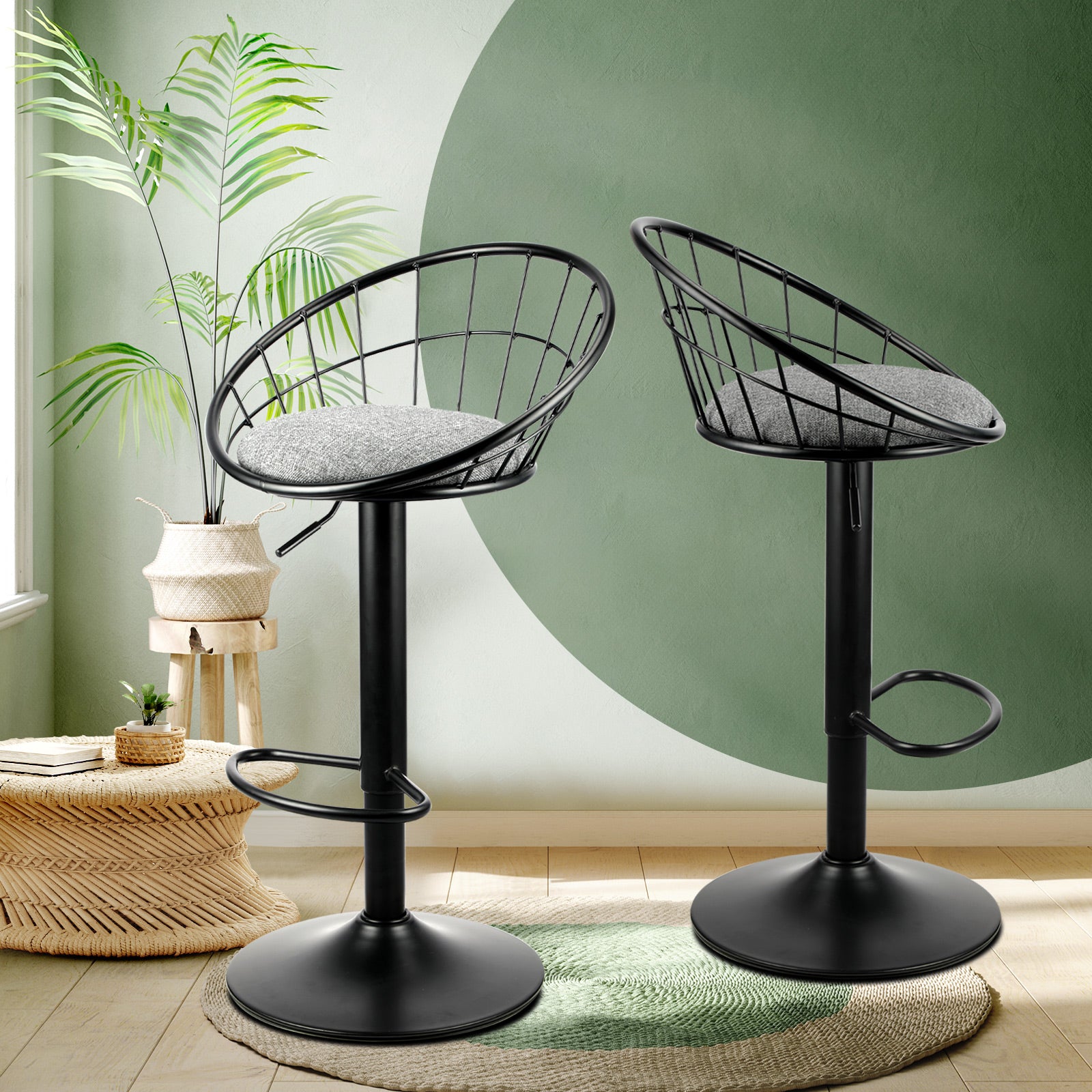 2x Oikiture Bar Stools Gas Lift Metal Bar Stool Kitchen Chairs Grey Fabric Black - Sunyee