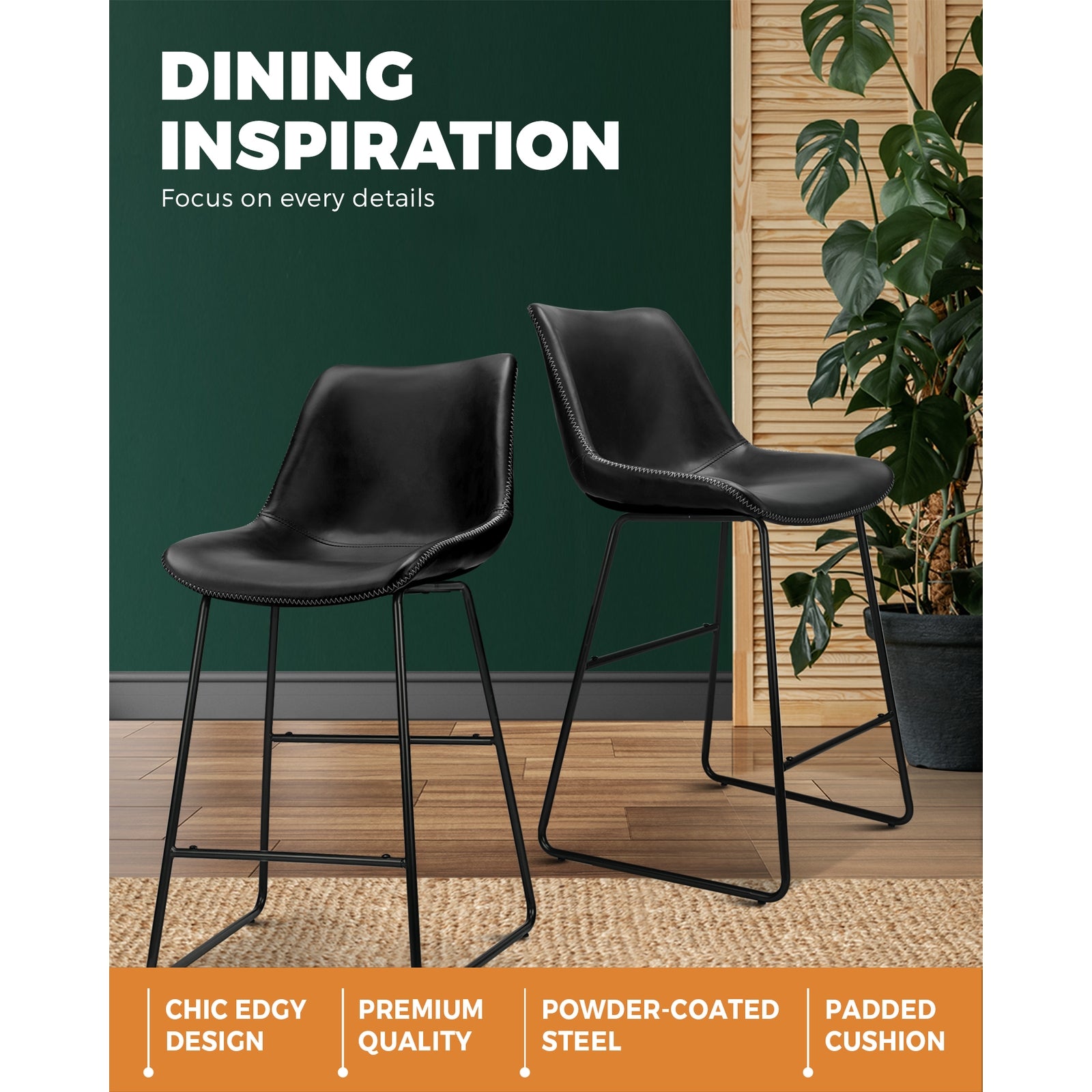 2x Oikiture Bar Stools Metal Bar Stool Kitchen Dining Chairs PU Leather Black - Sunyee