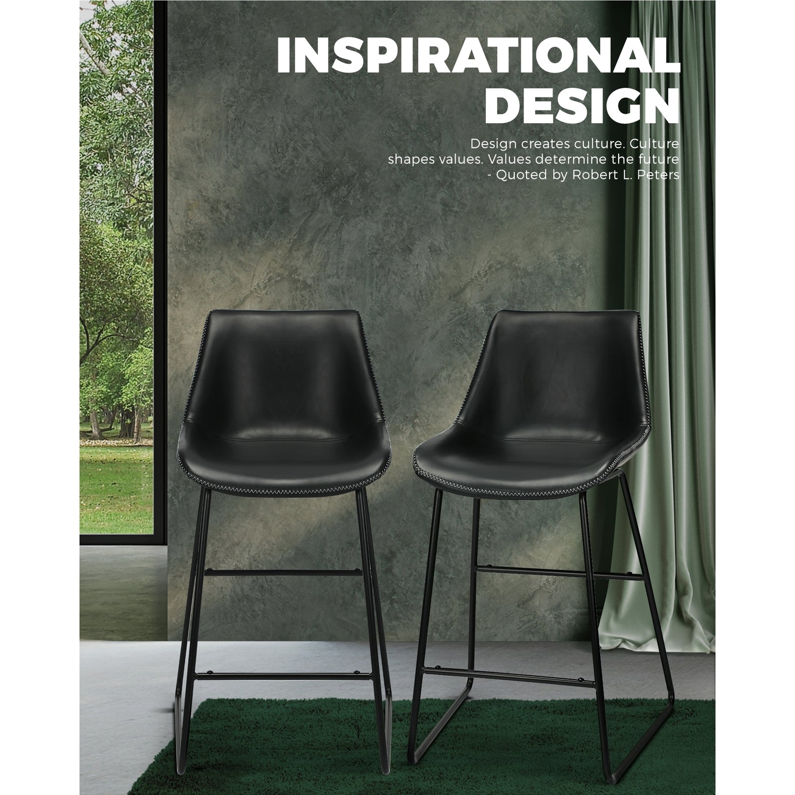 2x Oikiture Bar Stools Metal Bar Stool Kitchen Dining Chairs PU Leather Black - Sunyee