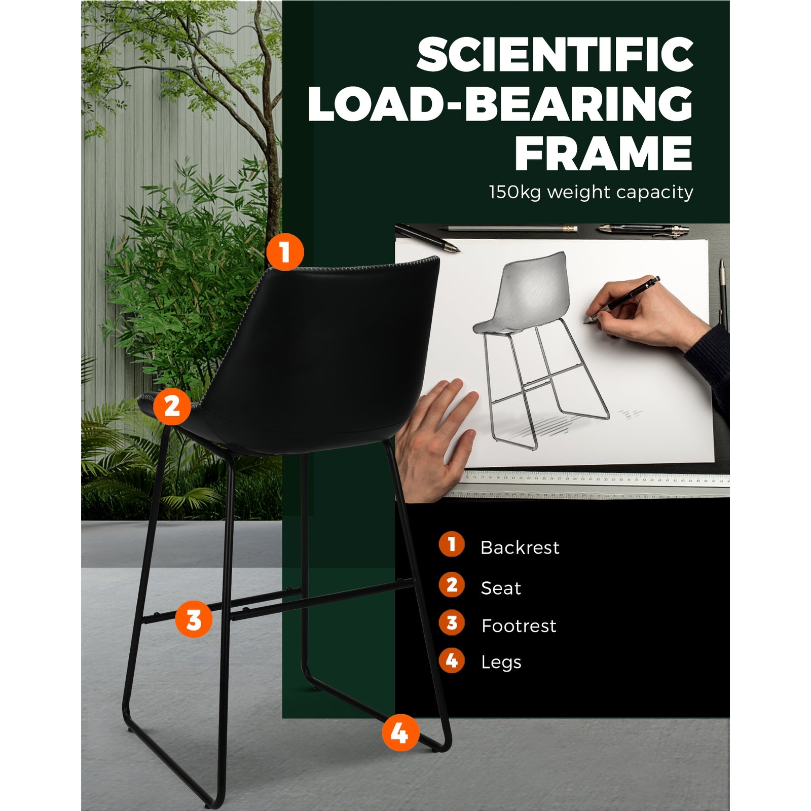 2x Oikiture Bar Stools Metal Bar Stool Kitchen Dining Chairs PU Leather Black - Sunyee