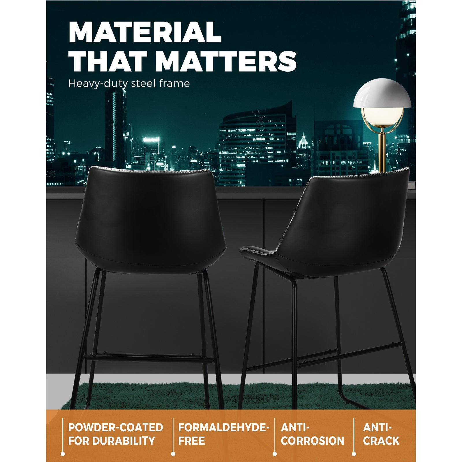 2x Oikiture Bar Stools Metal Bar Stool Kitchen Dining Chairs PU Leather Black - Sunyee