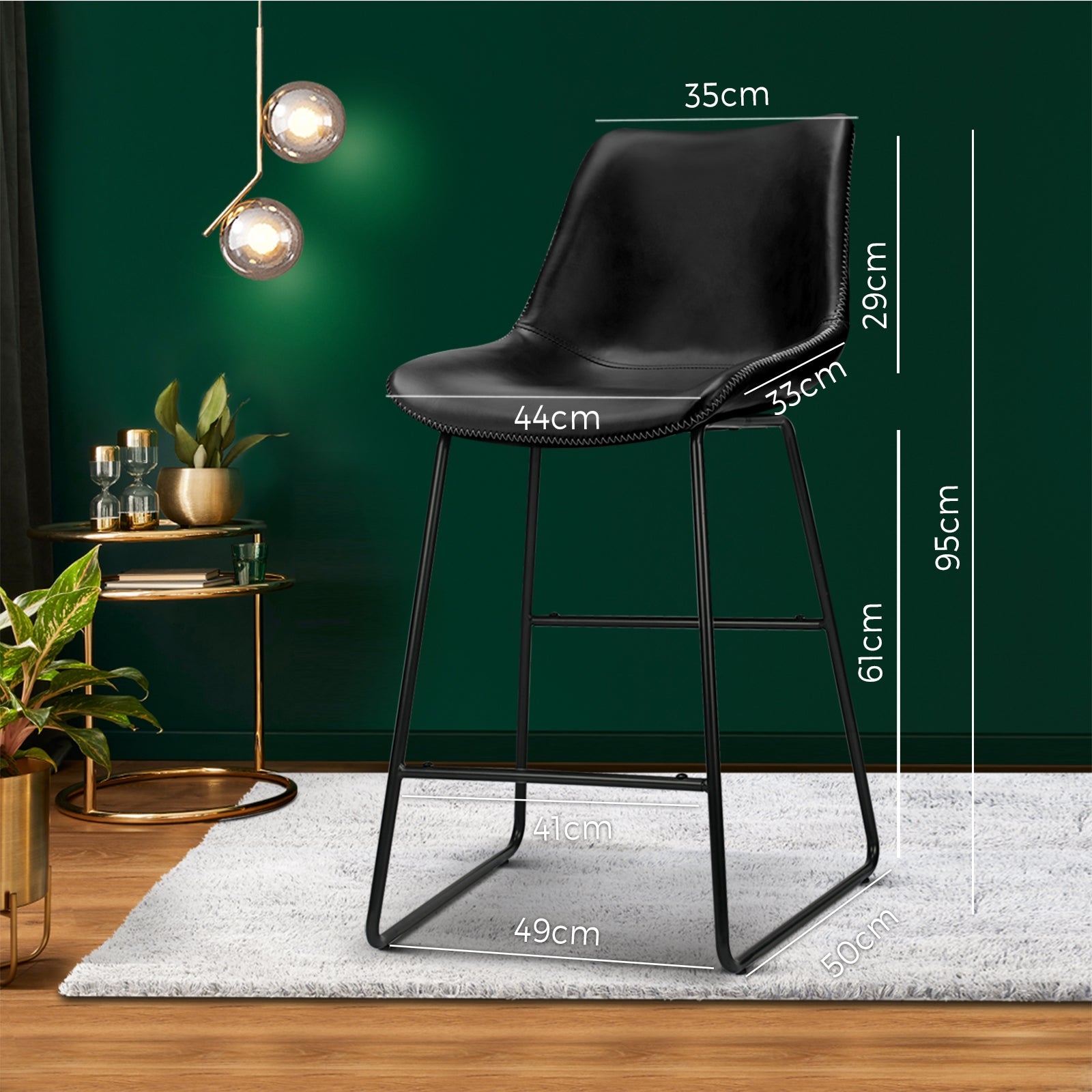 2x Oikiture Bar Stools Metal Bar Stool Kitchen Dining Chairs PU Leather Black - Sunyee