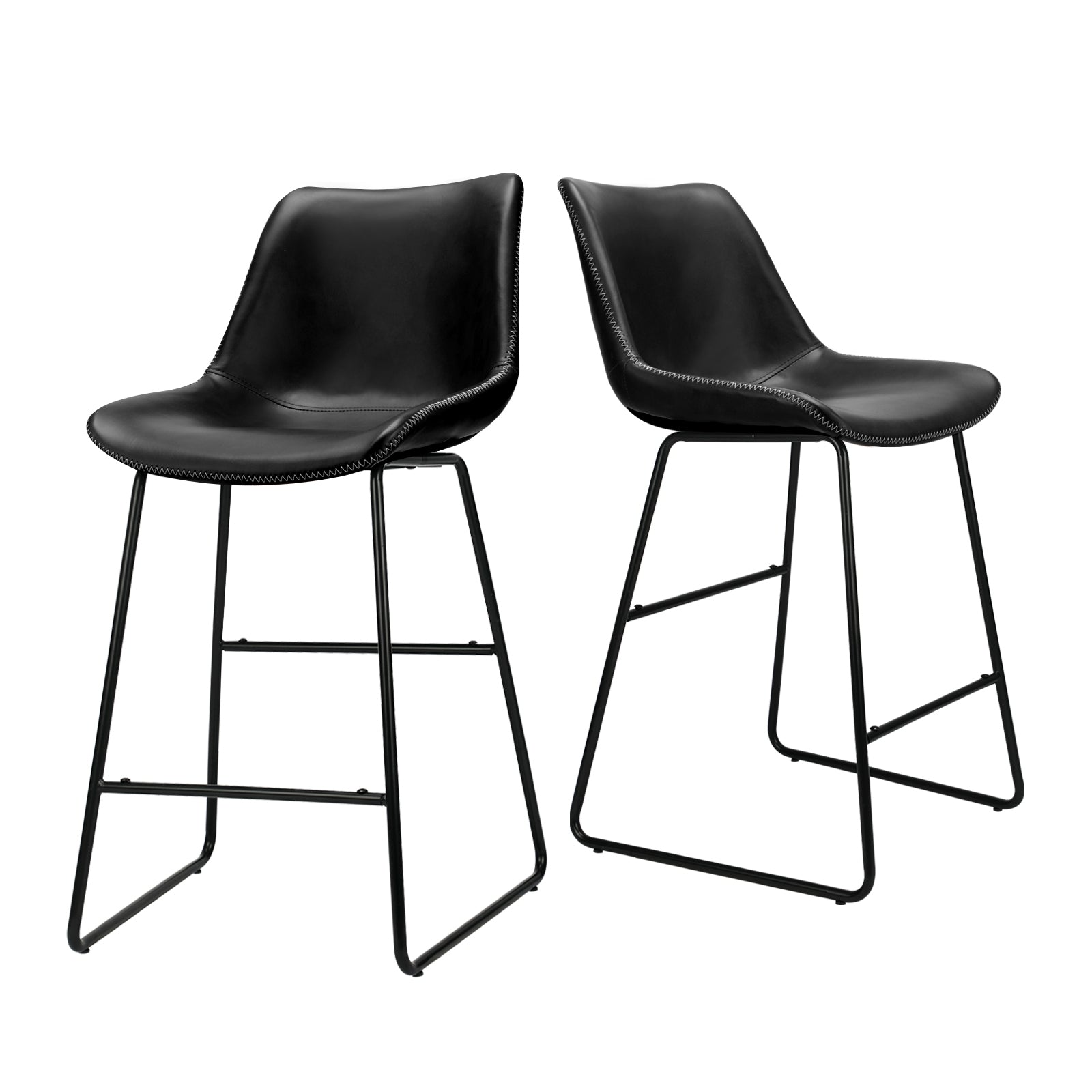 2x Oikiture Bar Stools Metal Bar Stool Kitchen Dining Chairs PU Leather Black - Sunyee