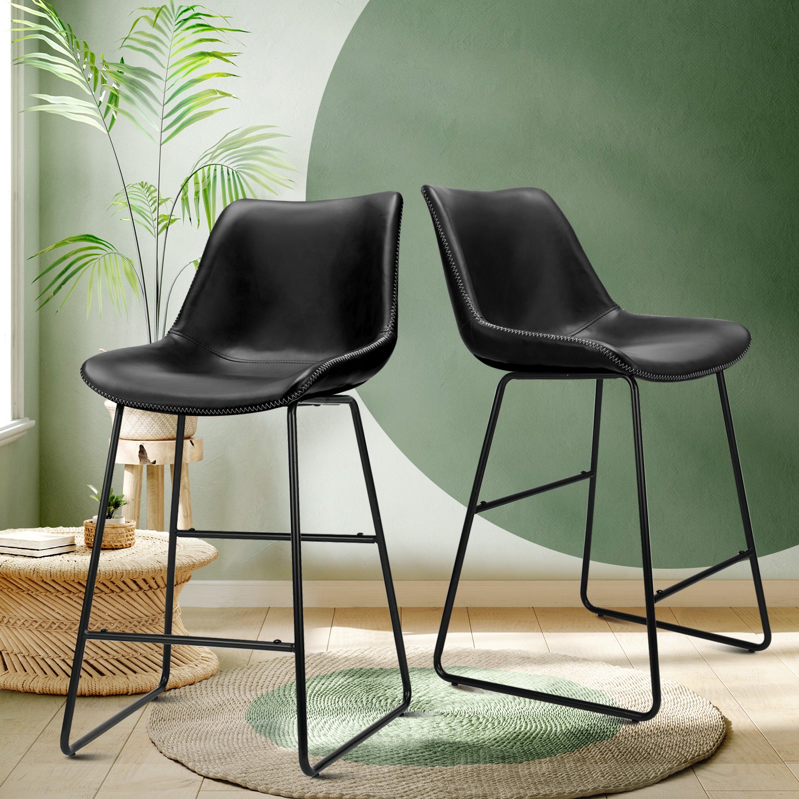 2x Oikiture Bar Stools Metal Bar Stool Kitchen Dining Chairs PU Leather Black - Sunyee