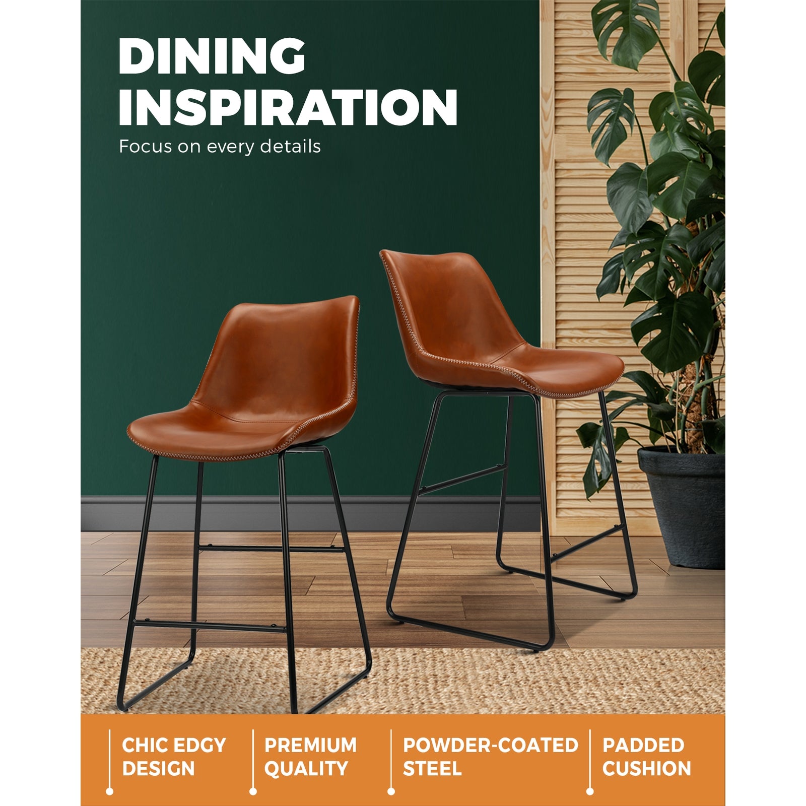 2X Oikiture Bar Stools Metal Bar Stool Kitchen Dining Chairs PU Leather Brown - Sunyee