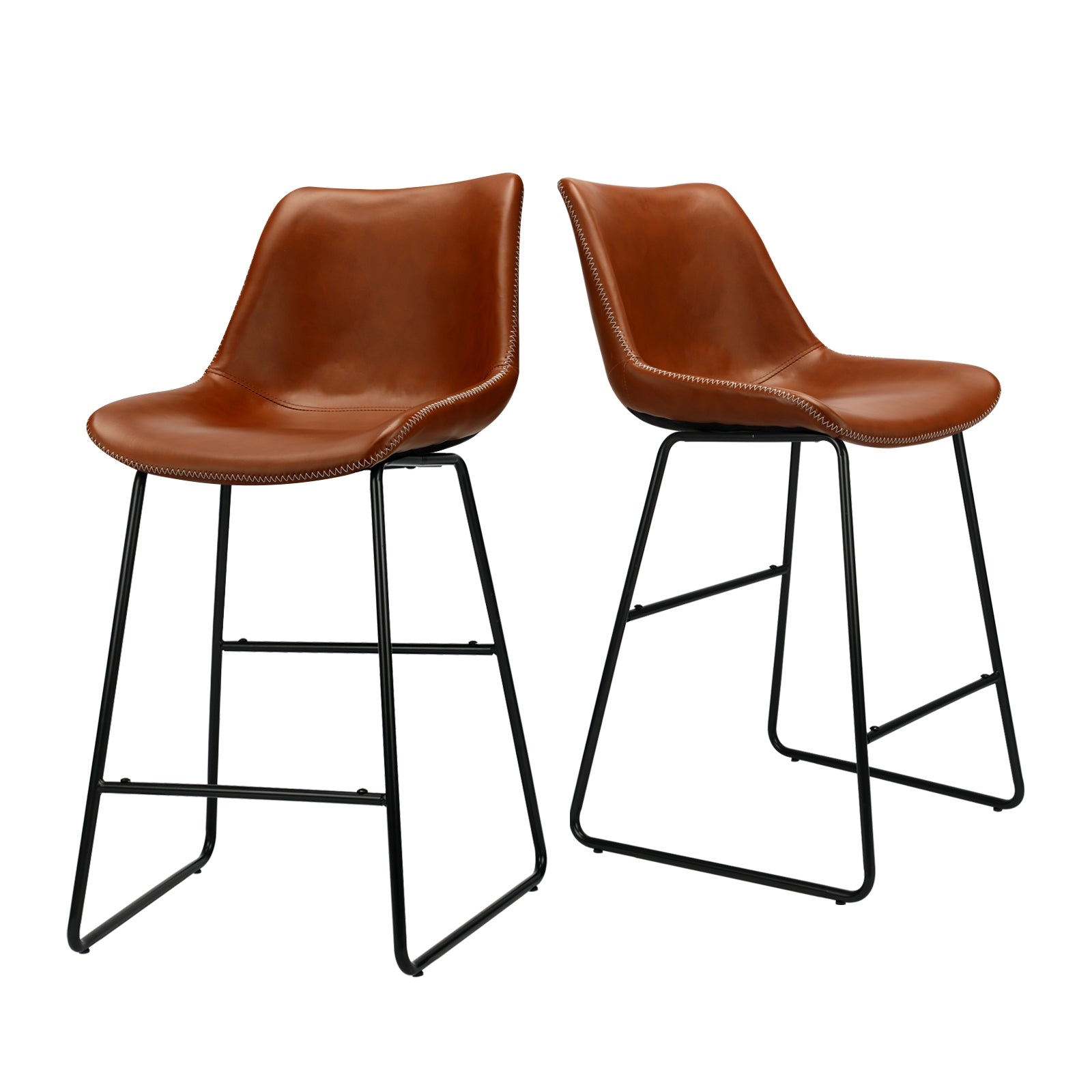 2X Oikiture Bar Stools Metal Bar Stool Kitchen Dining Chairs PU Leather Brown - Sunyee