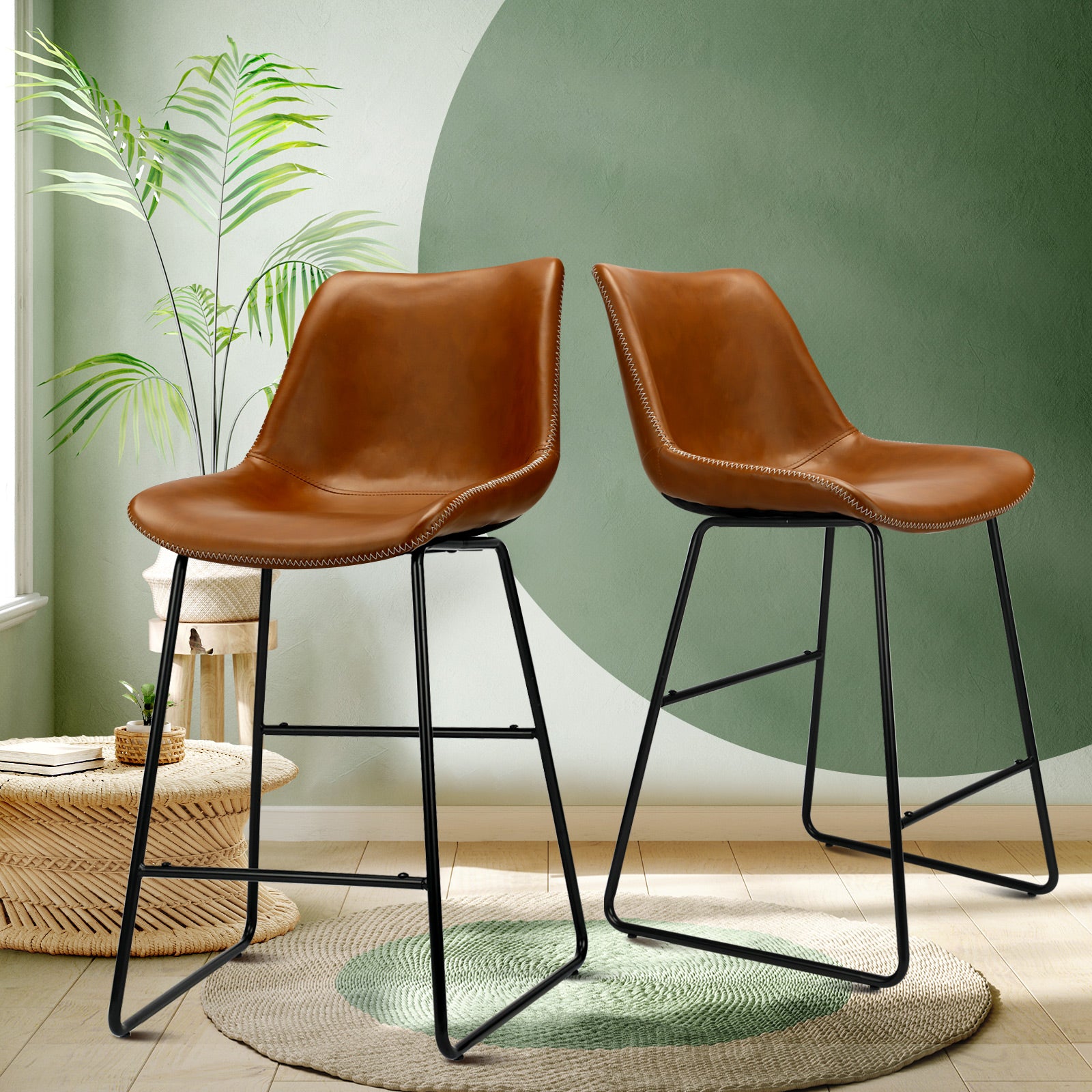 2X Oikiture Bar Stools Metal Bar Stool Kitchen Dining Chairs PU Leather Brown - Sunyee