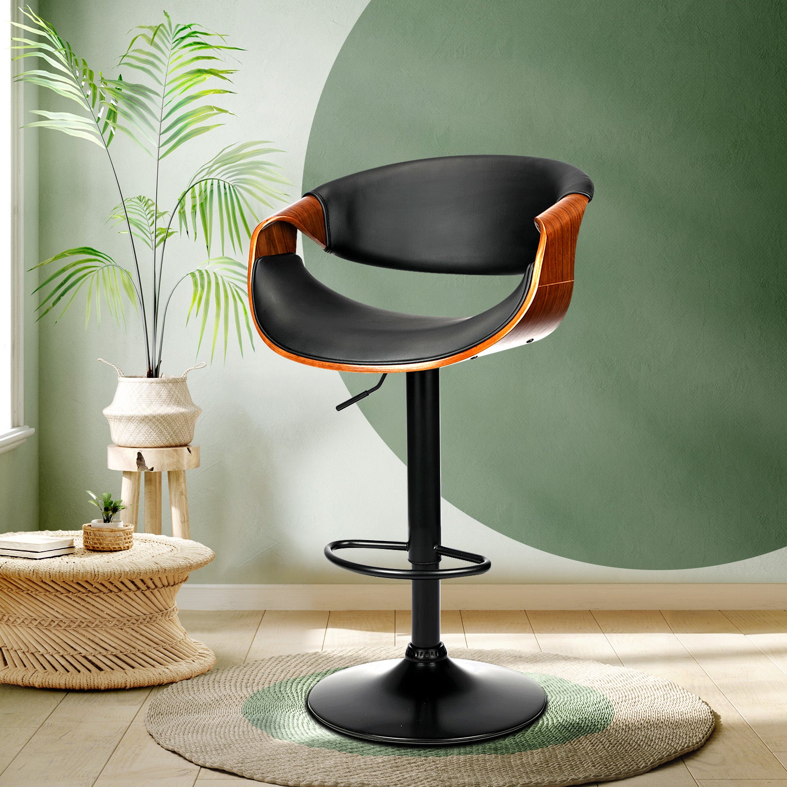 Oikiture Bar Stools Swivel Chair Kitchen Gas Lift Wooden Bar Stool PU Leather x1 - Sunyee