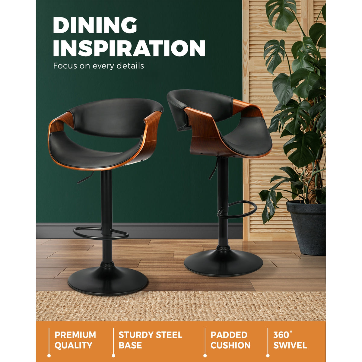 2x Oikiture Bar Stools Swivel Chair Kitchen Gas Lift Wooden Bar Stool PU Leather - Sunyee