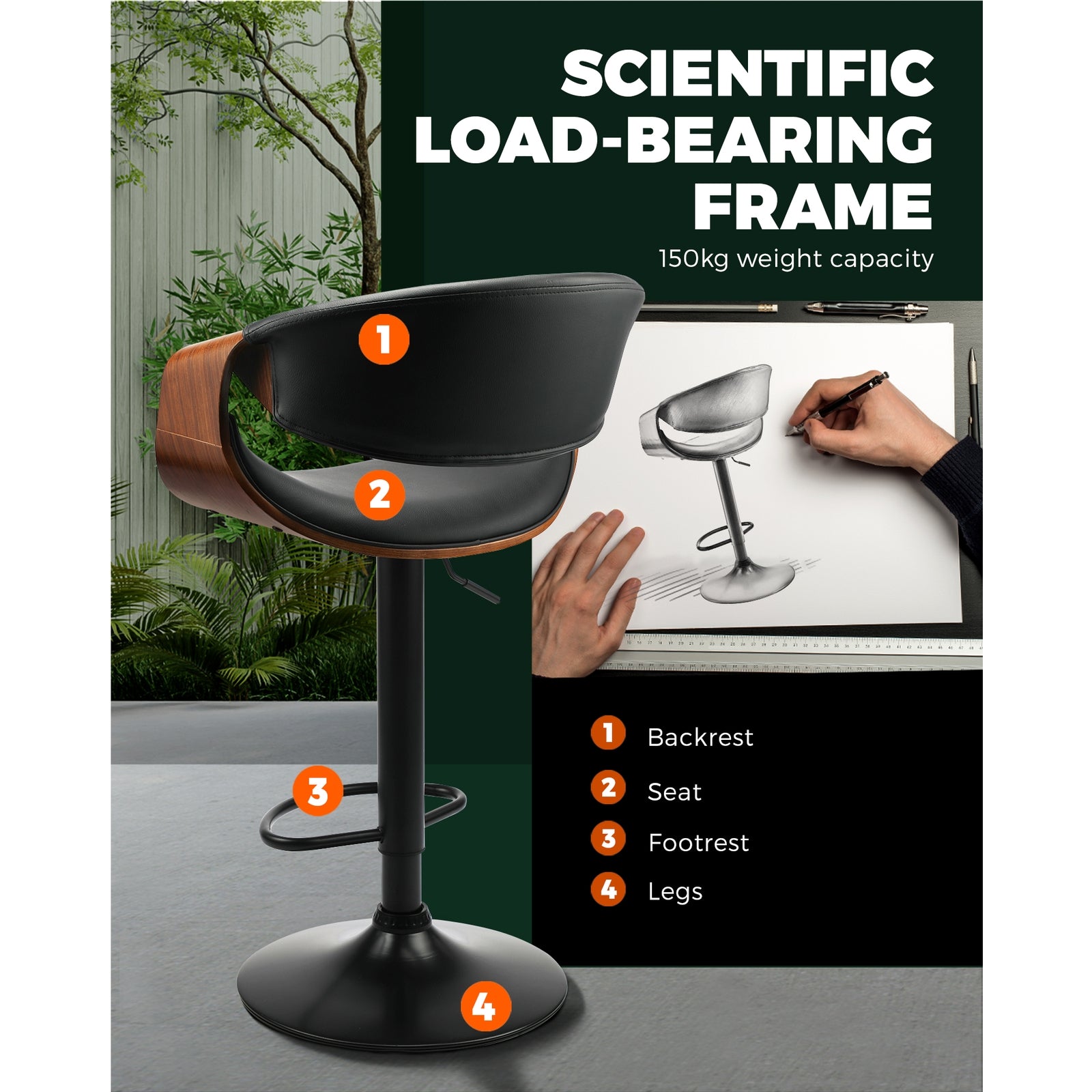 2x Oikiture Bar Stools Swivel Chair Kitchen Gas Lift Wooden Bar Stool PU Leather - Sunyee