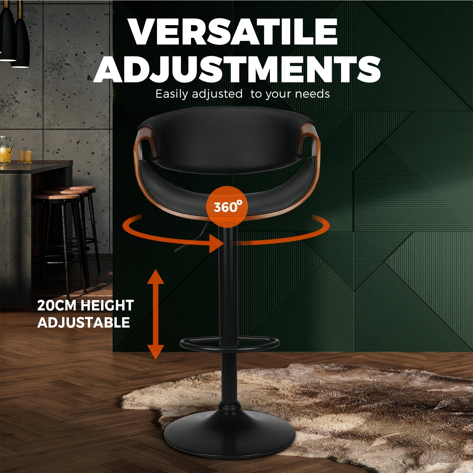 2x Oikiture Bar Stools Swivel Chair Kitchen Gas Lift Wooden Bar Stool PU Leather - Sunyee