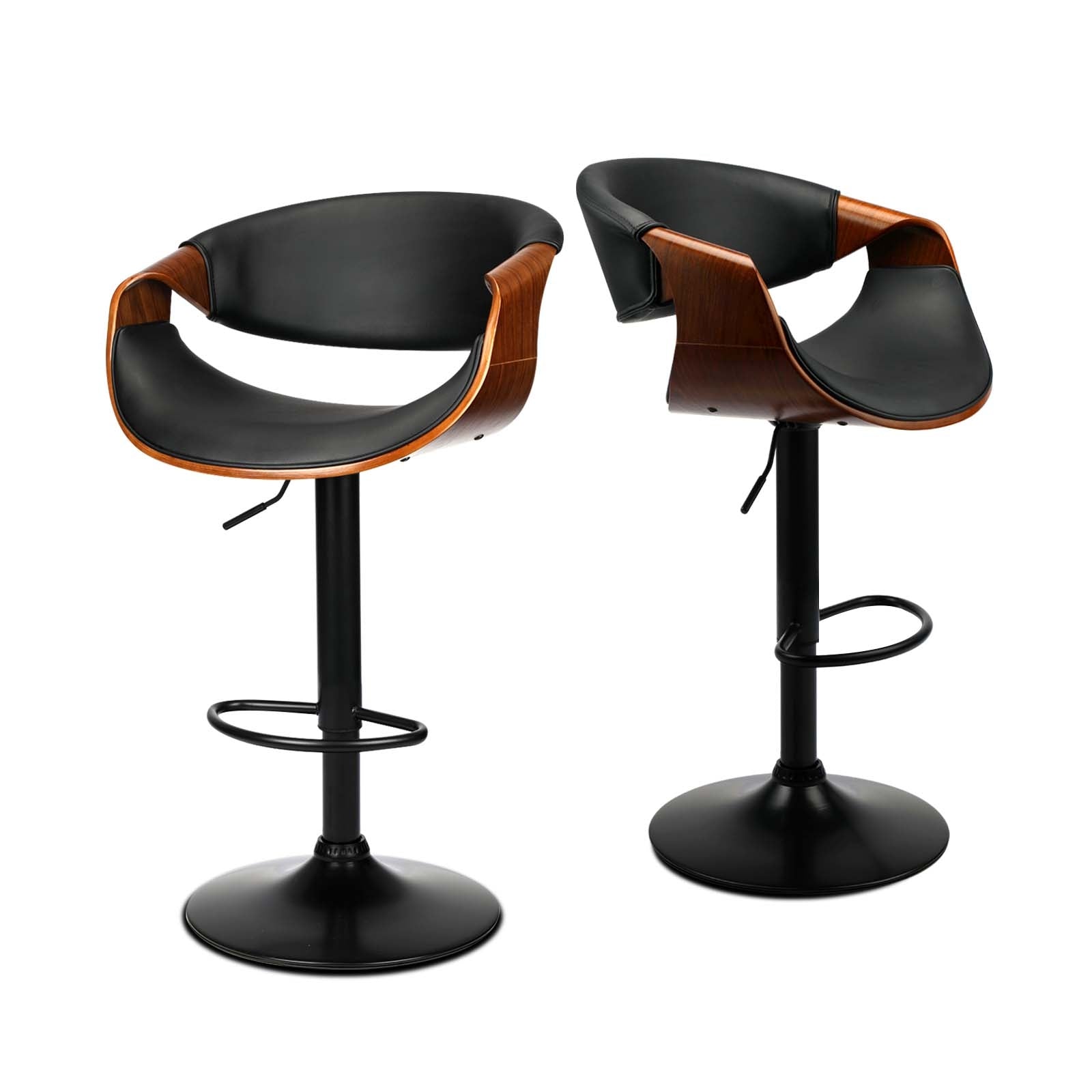 2x Oikiture Bar Stools Swivel Chair Kitchen Gas Lift Wooden Bar Stool PU Leather - Sunyee