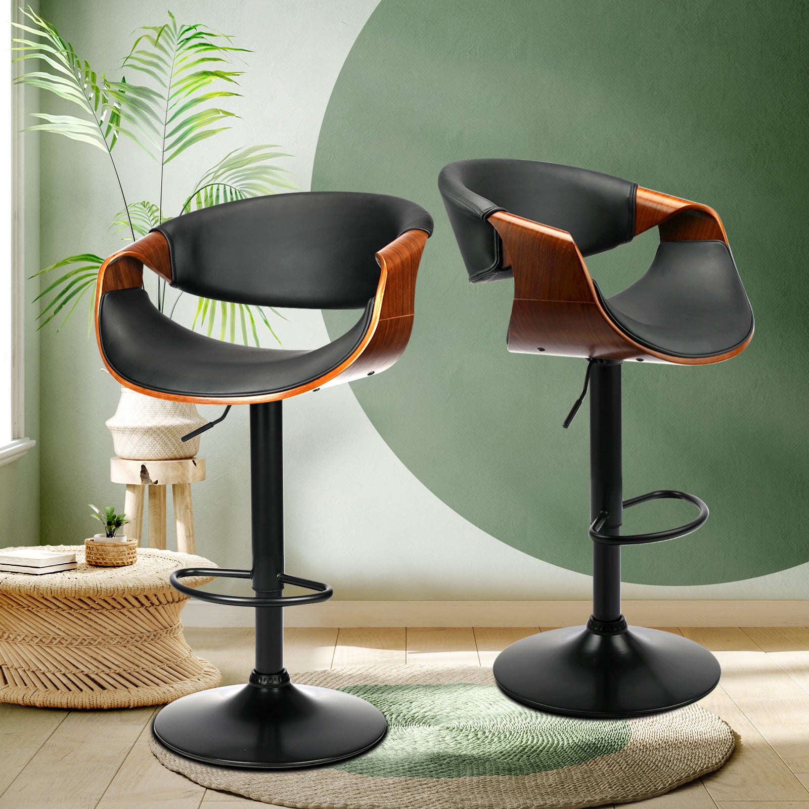 2x Oikiture Bar Stools Swivel Chair Kitchen Gas Lift Wooden Bar Stool PU Leather - Sunyee