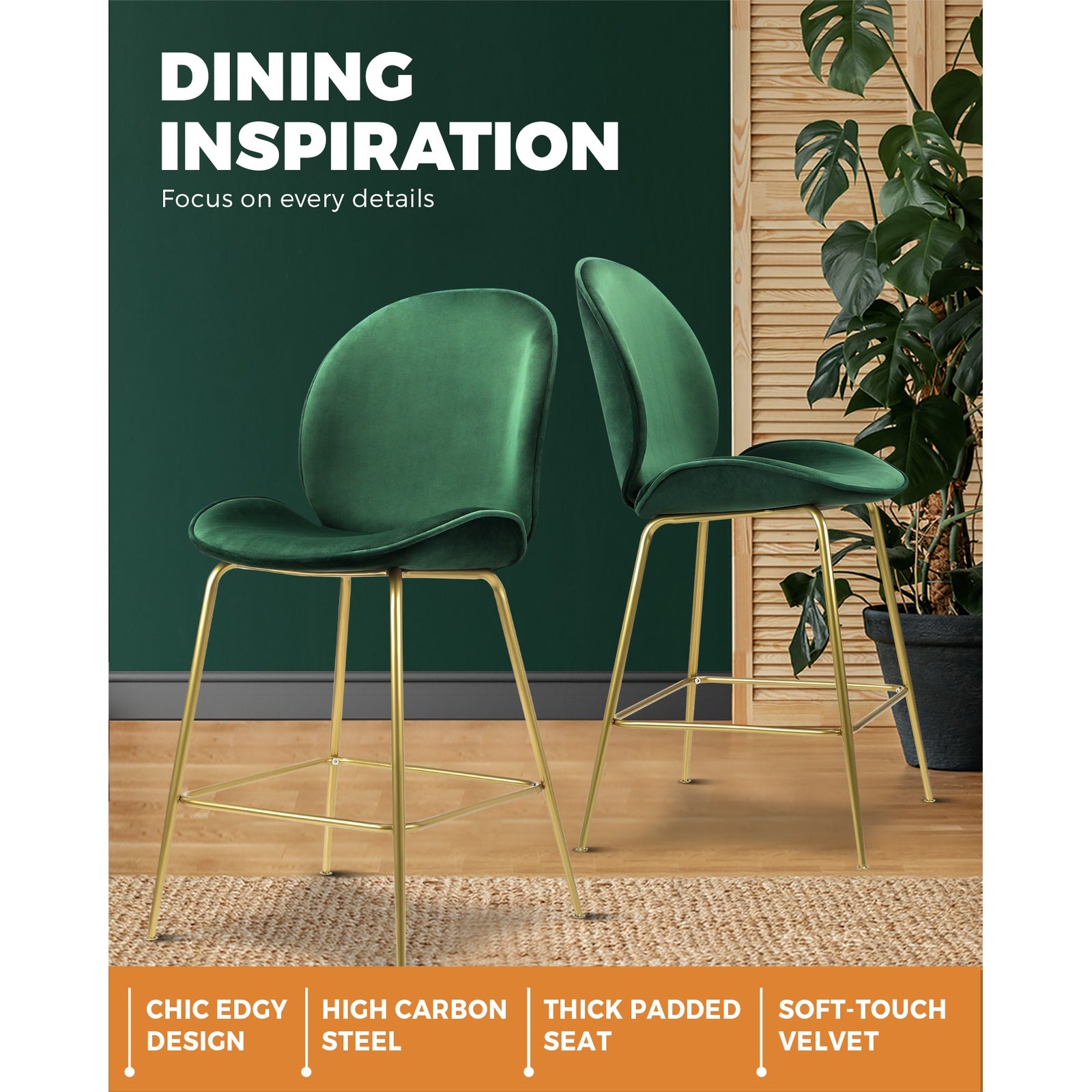 Oikiture Bar Stools Kitchen Stool Chairs Barstool Dining Chair Velvet Metal x2 - Sunyee