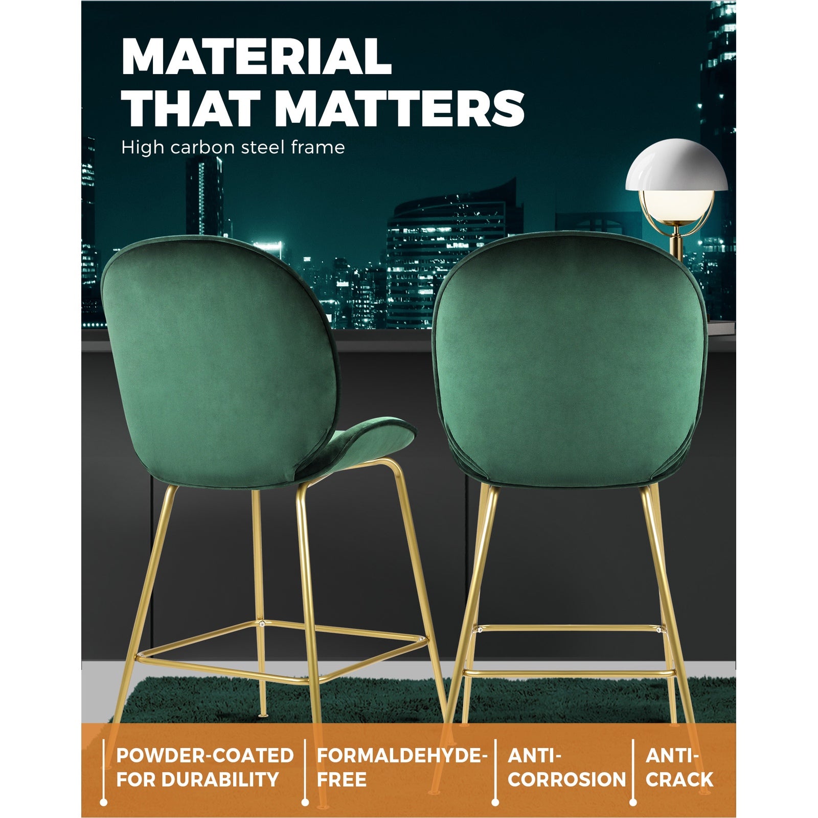 Oikiture Bar Stools Kitchen Stool Chairs Barstool Dining Chair Velvet Metal x2 - Sunyee