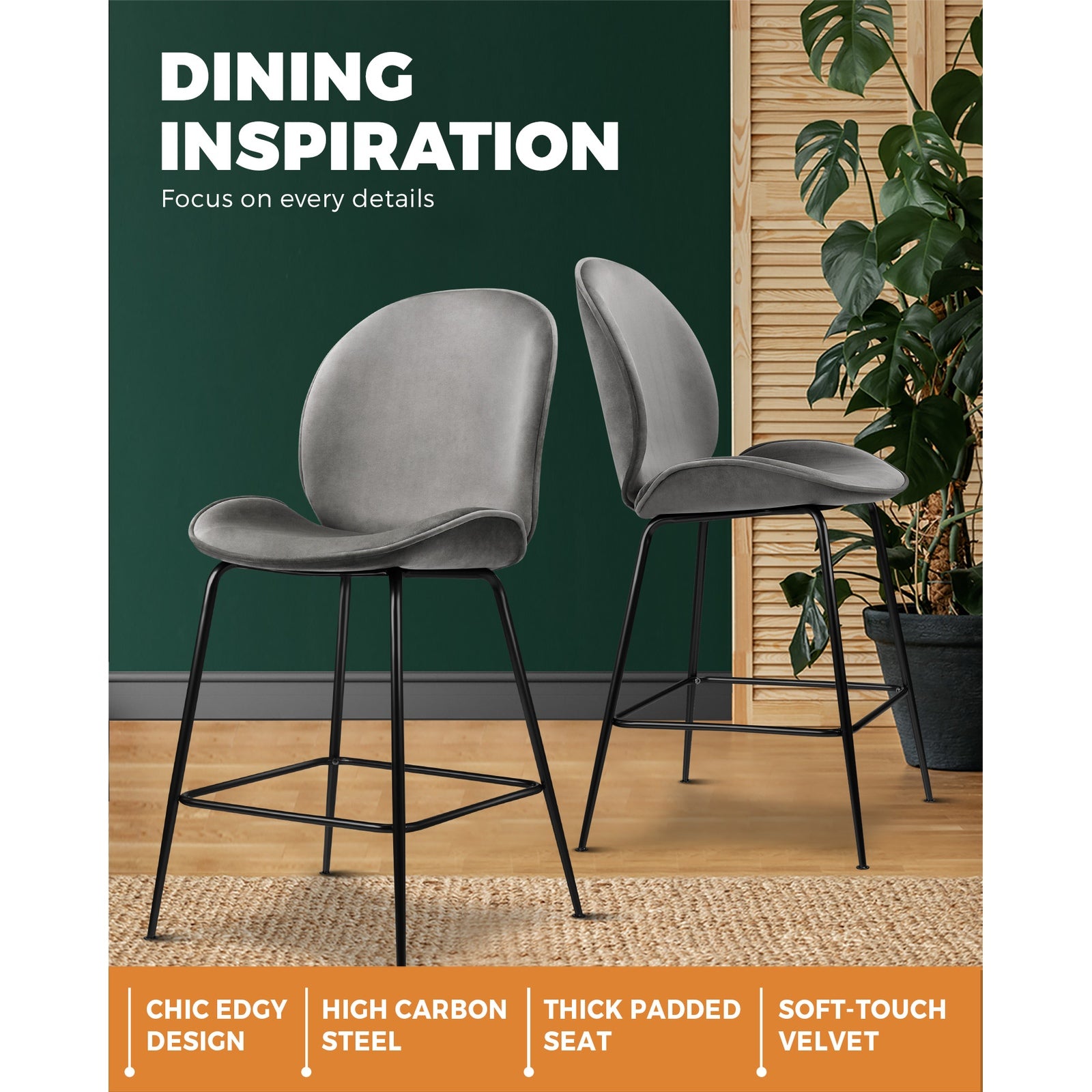 Oikiture Bar Stools Kitchen Stool Chairs Barstool Dining Chair Velvet Metal Grey - Sunyee