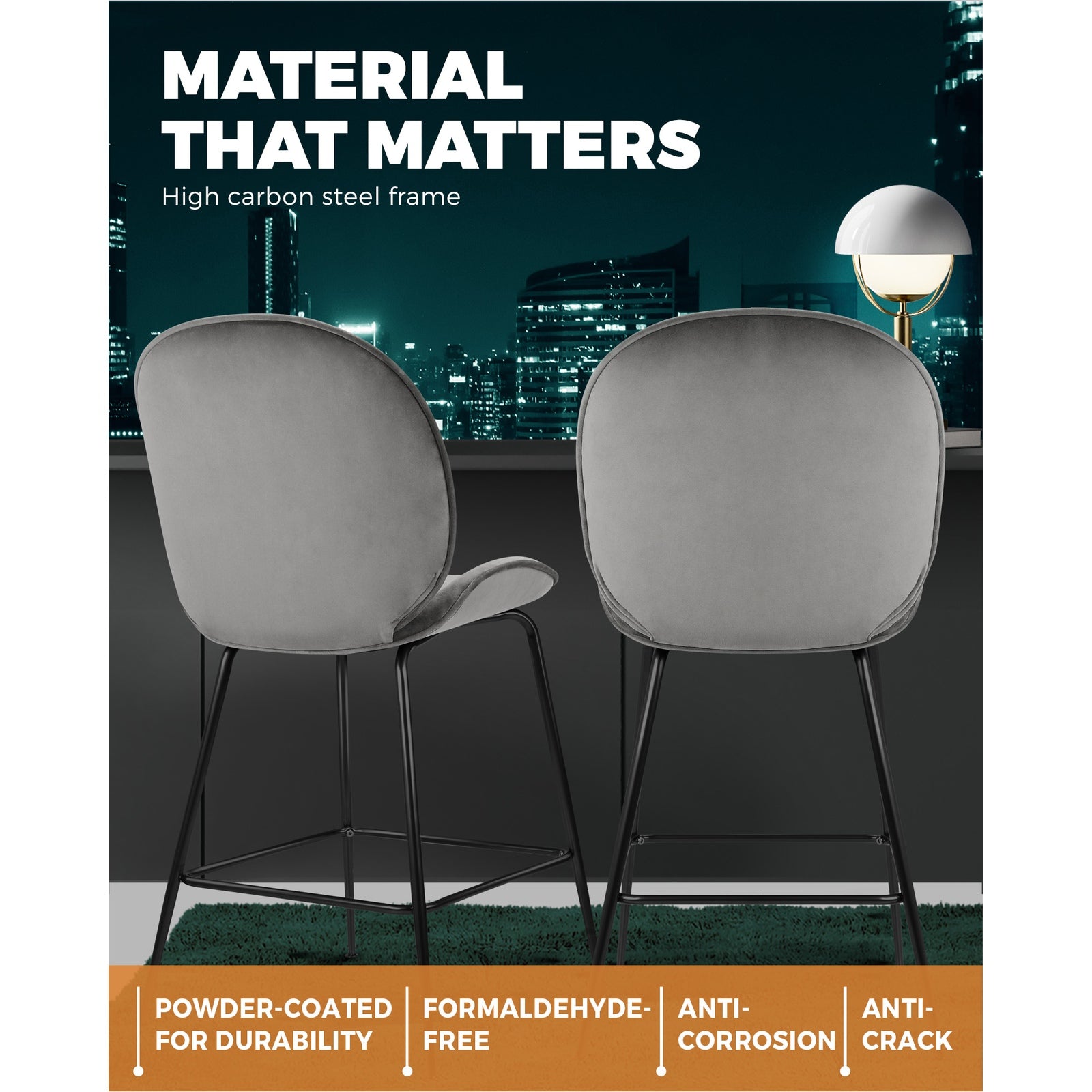 Oikiture Bar Stools Kitchen Stool Chairs Barstool Dining Chair Velvet Metal Grey - Sunyee