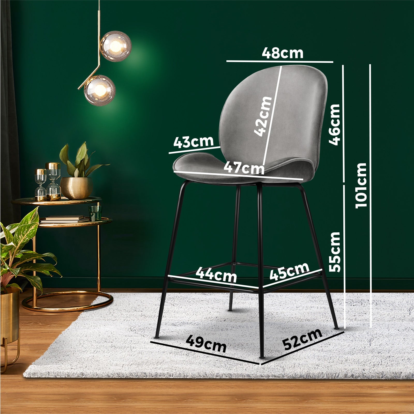 Oikiture Bar Stools Kitchen Stool Chairs Barstool Dining Chair Velvet Metal Grey - Sunyee
