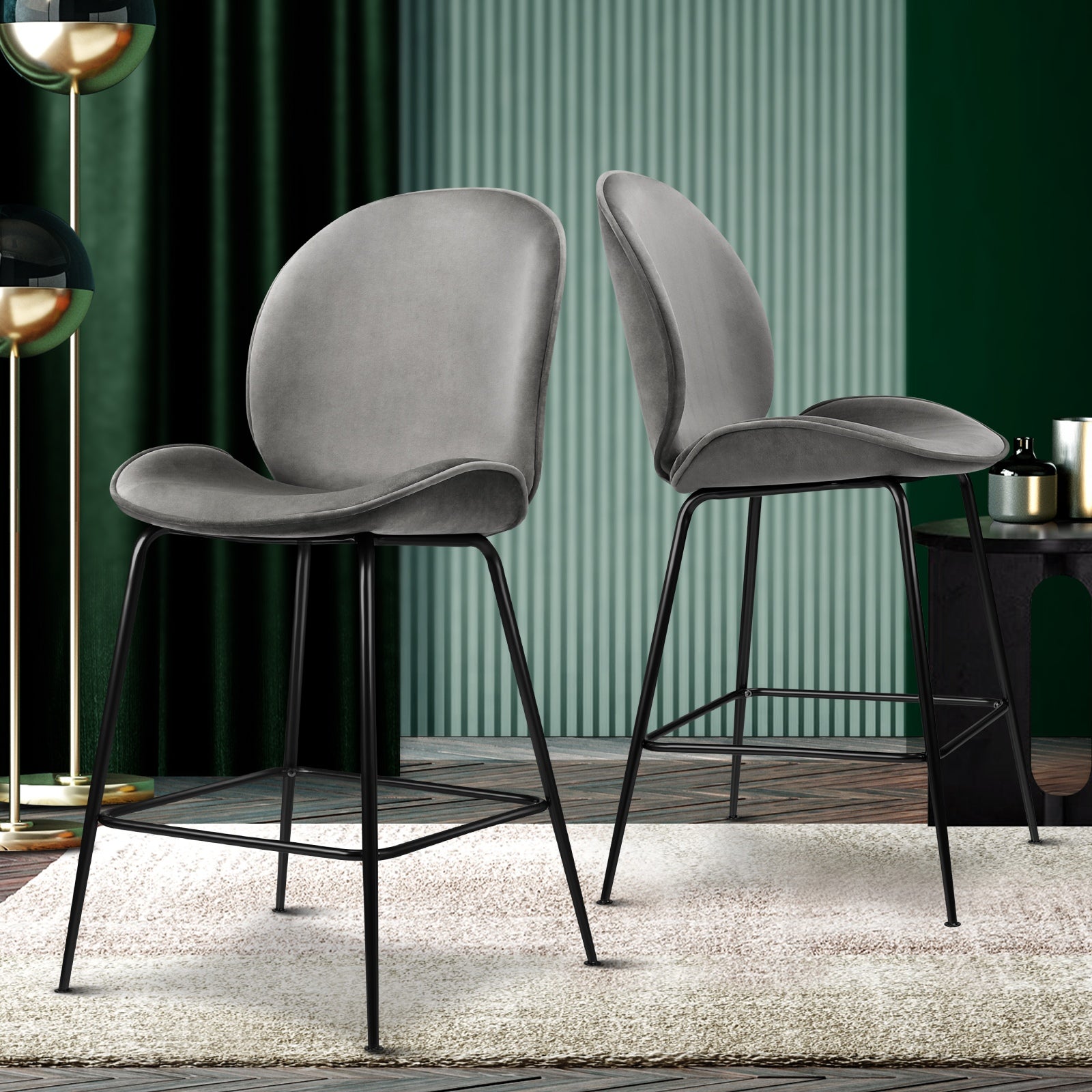 Oikiture Bar Stools Kitchen Stool Chairs Barstool Dining Chair Velvet Metal Grey - Sunyee