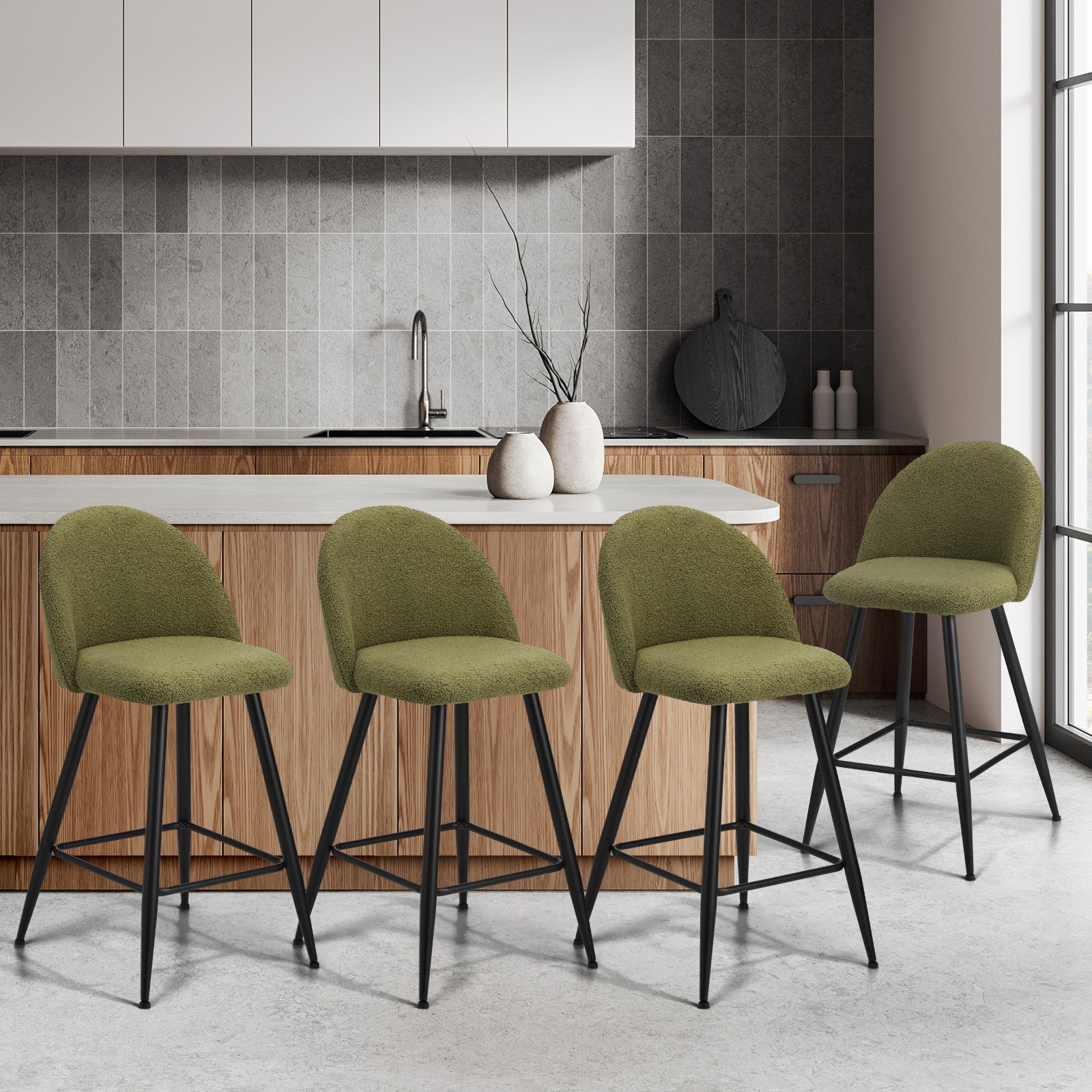 Oikiture 4x Bar Stools Kitchen Dining Chairs Counter Stool Green Boucle Padded - Sunyee
