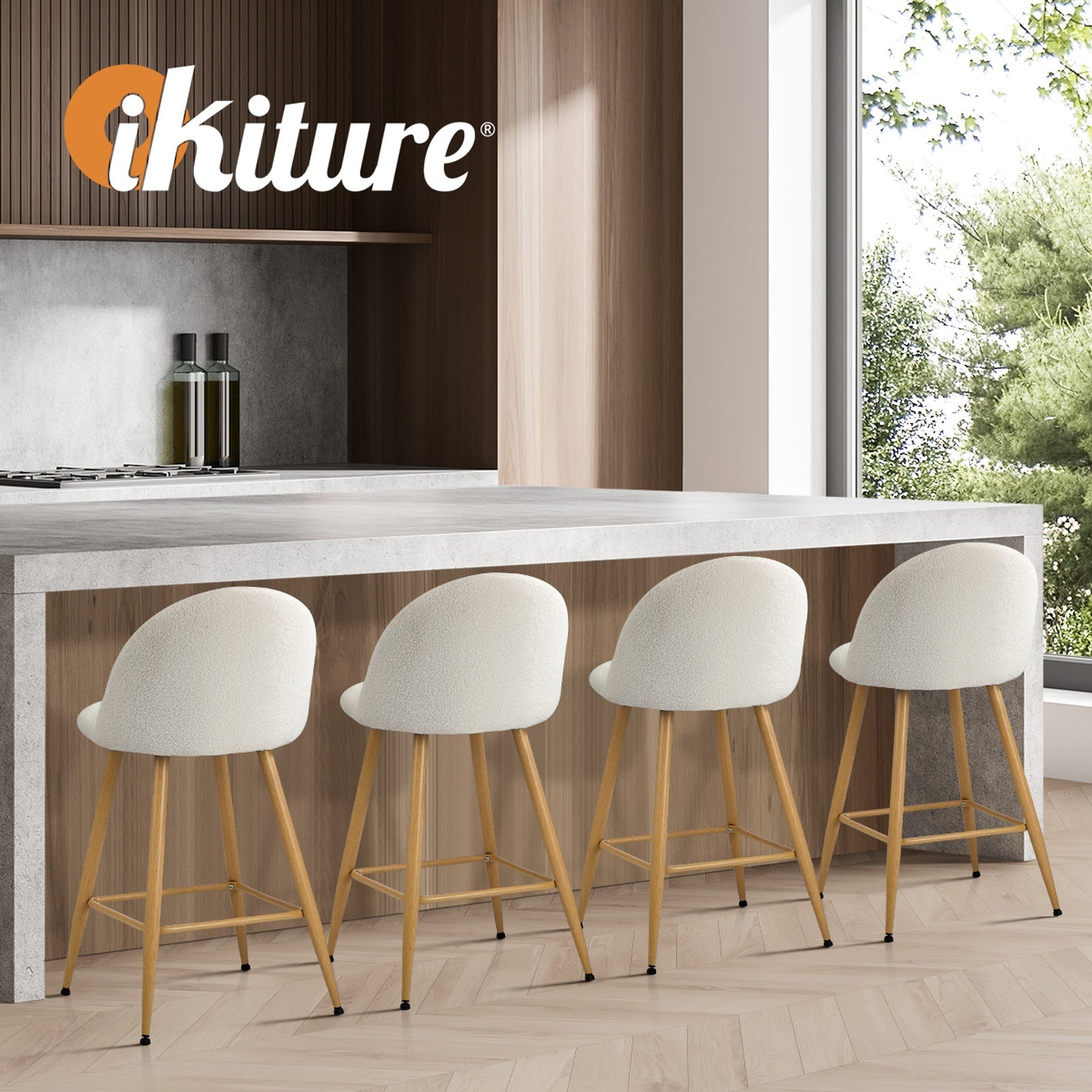 Oikiture 2/4x Bar Stools Kitchen Dining Chairs Counter Stool Boucle Padded - Sunyee