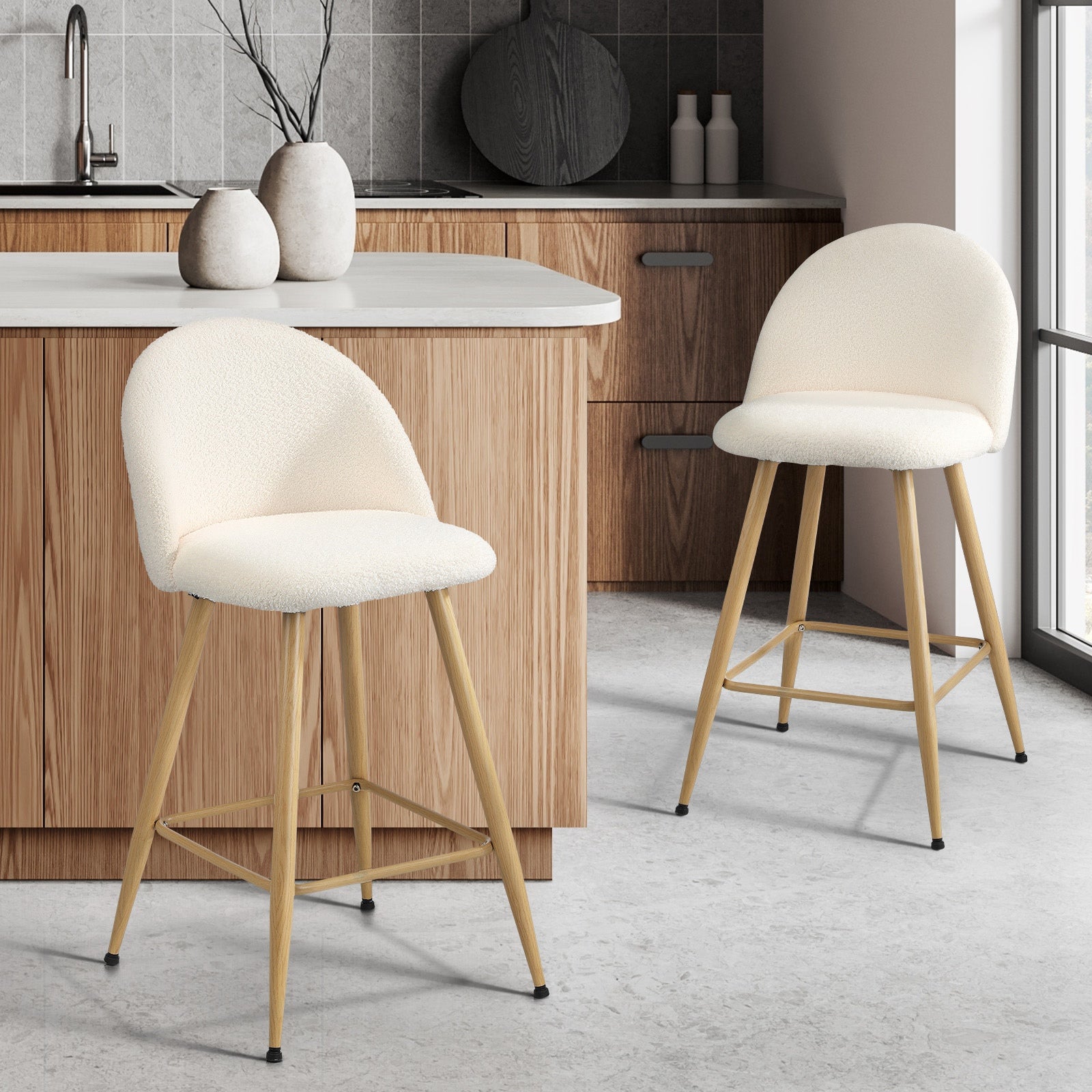 Oikiture 2x Bar Stools Kitchen Dining Chairs Counter Stool Boucle Padded Stools - Sunyee