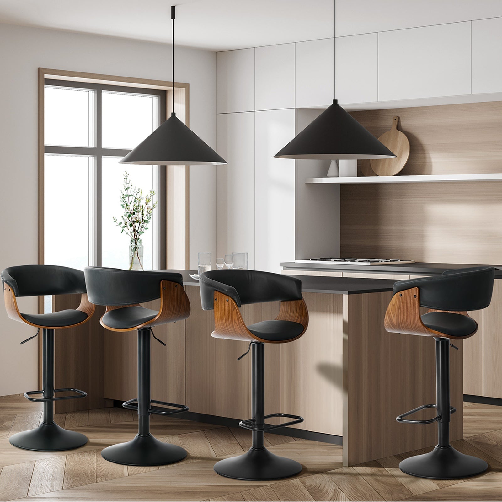 Oikiture 4x Bar Stools Gas Lift Counter Stool Armrest Leather Black