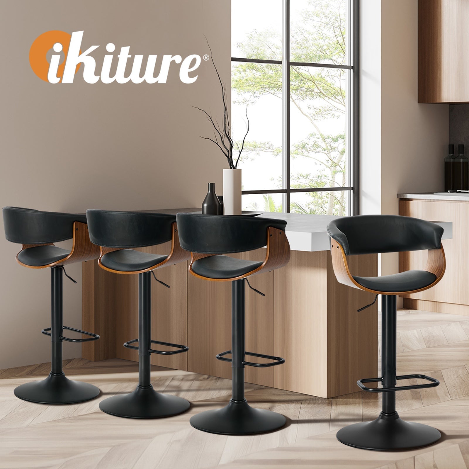 Oikiture 4x Bar Stools Gas Lift Counter Stool Armrest Leather Black