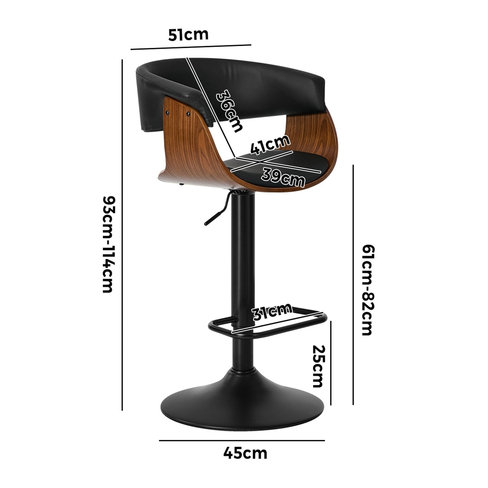 Oikiture 4x Bar Stools Gas Lift Counter Stool Armrest Leather Black