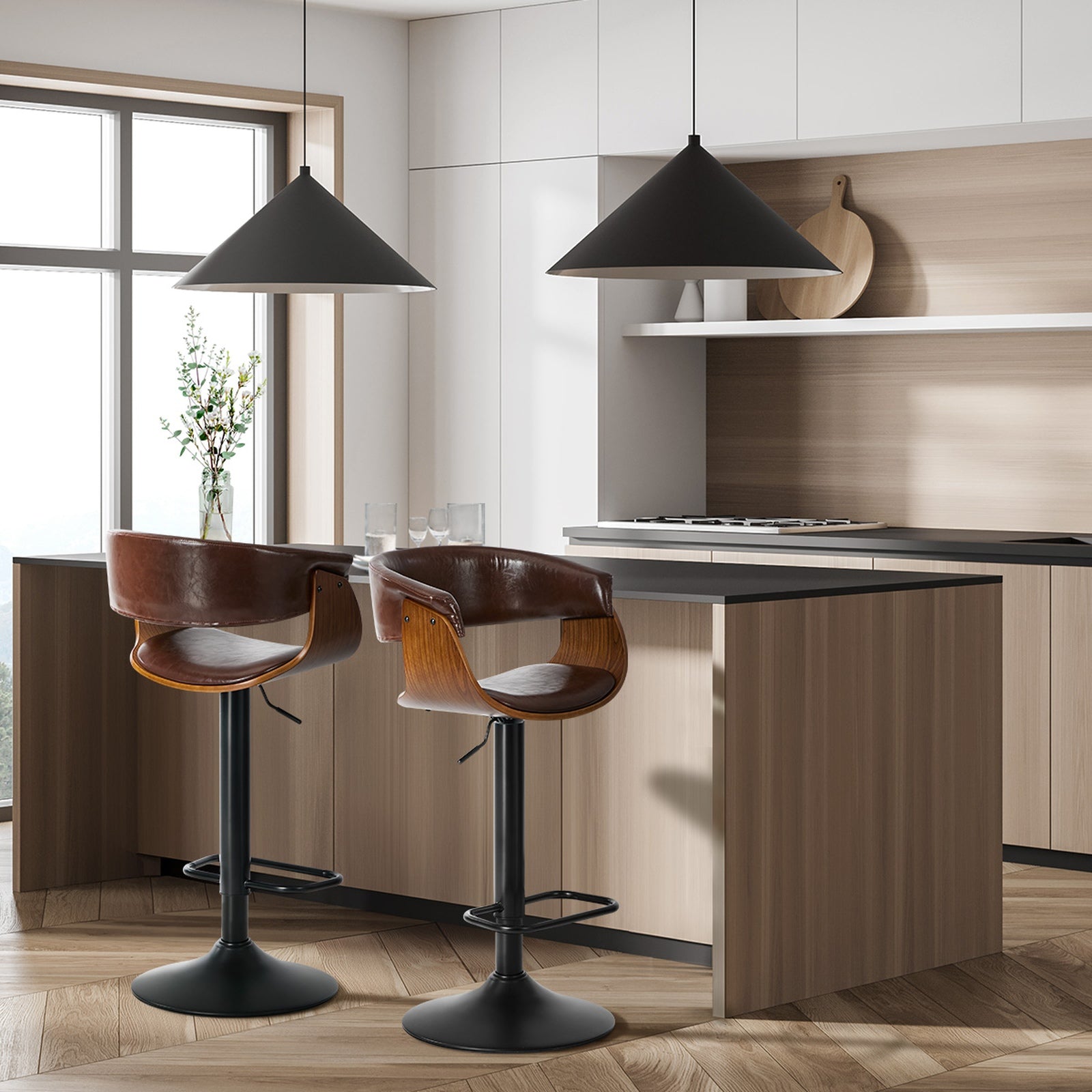 Oikiture 2x Bar Stools Swivel Gas Lift Counter Stool Armrest Leather Brown