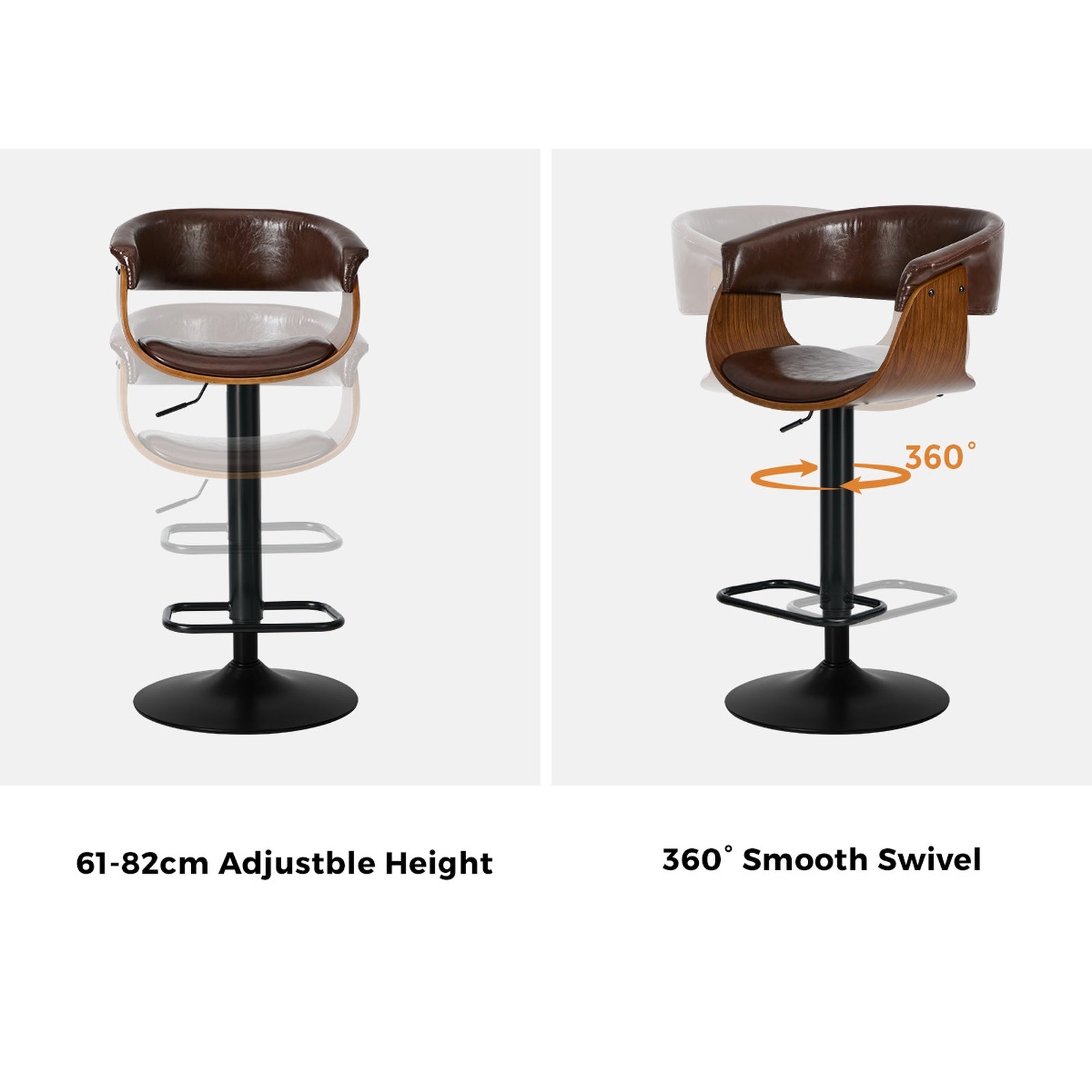 Oikiture 2x Bar Stools Swivel Gas Lift Counter Stool Armrest Leather Brown