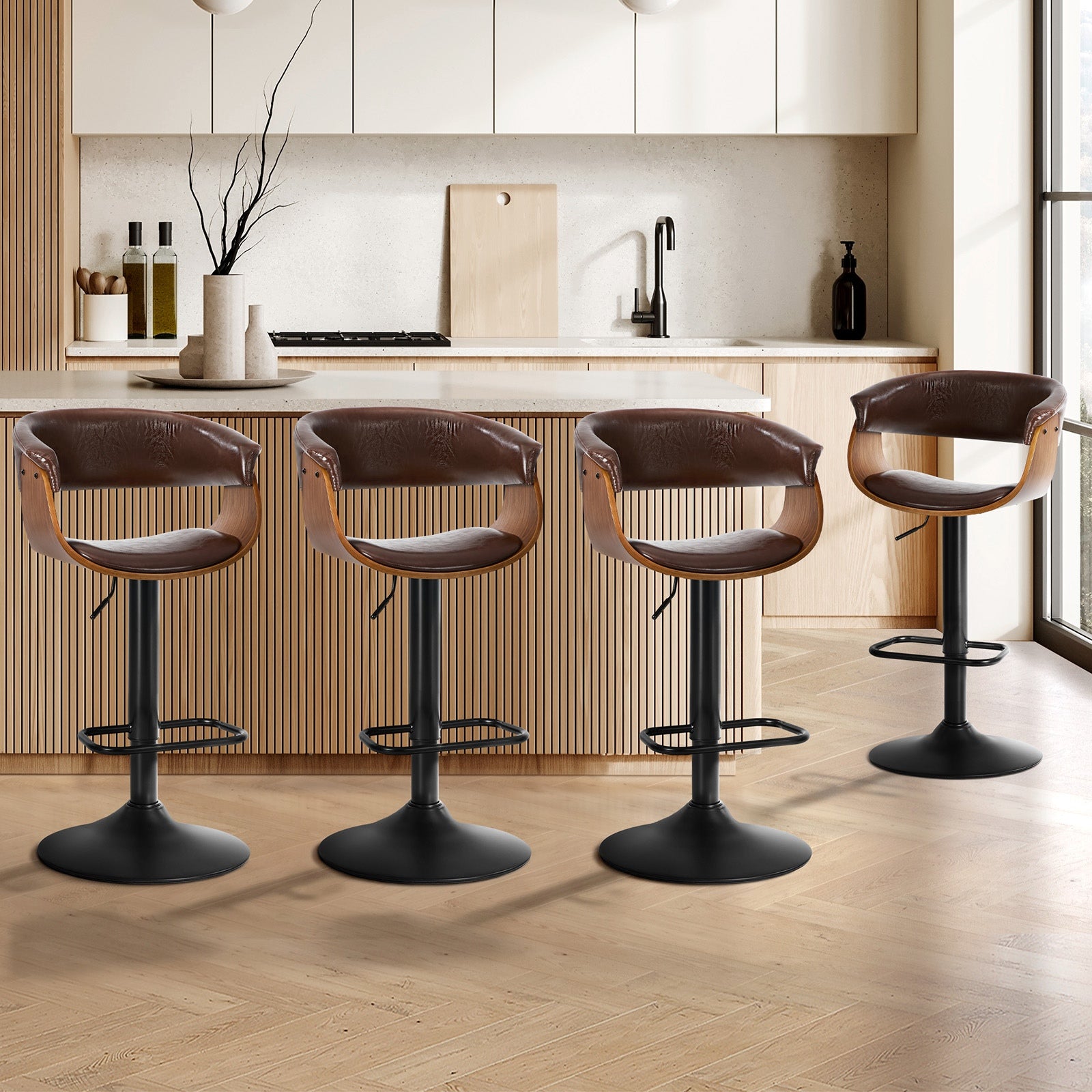 Oikiture 4x Bar Stools Gas Lift Counter Stool Armrest Leather Brown
