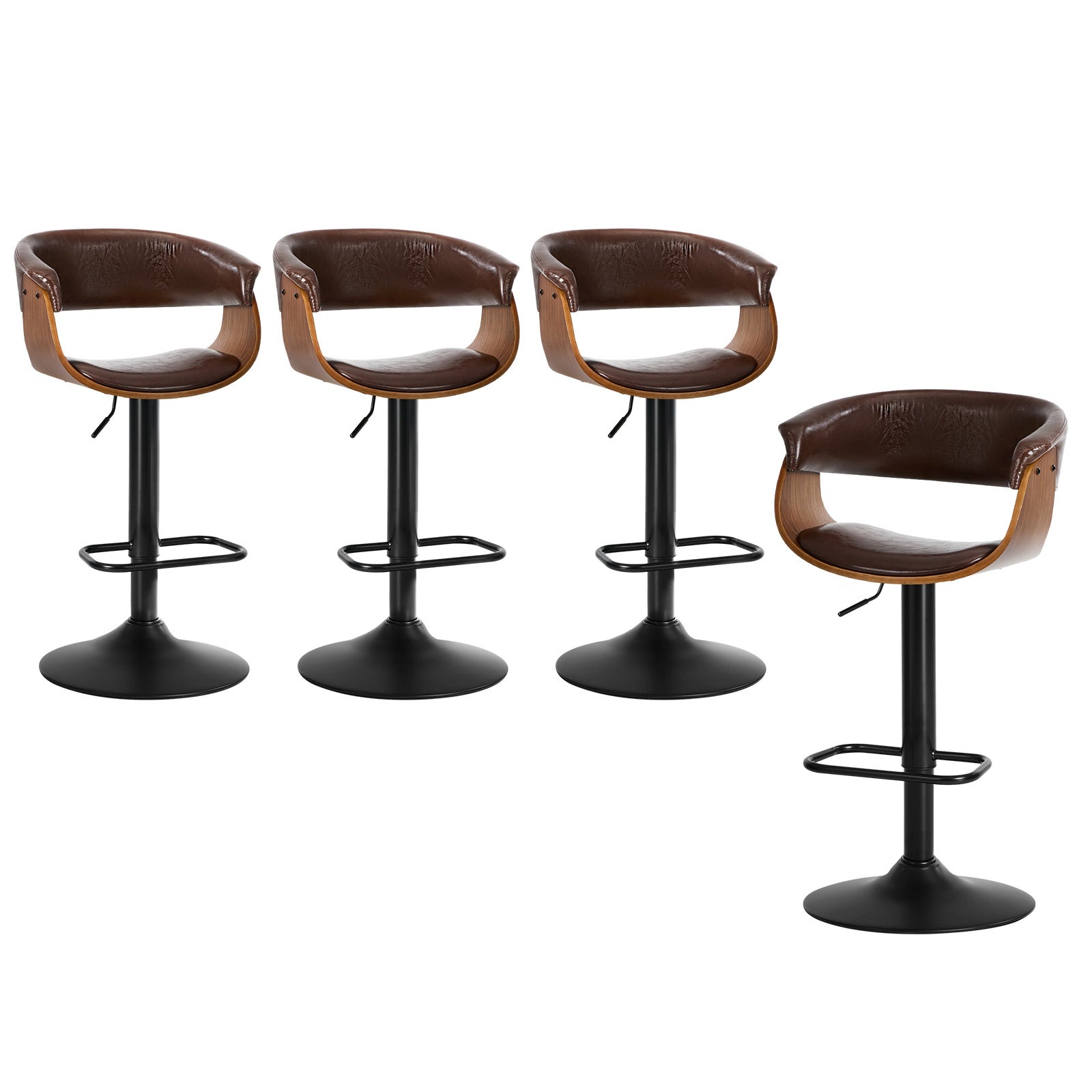 Oikiture 4x Bar Stools Gas Lift Counter Stool Armrest Leather Brown