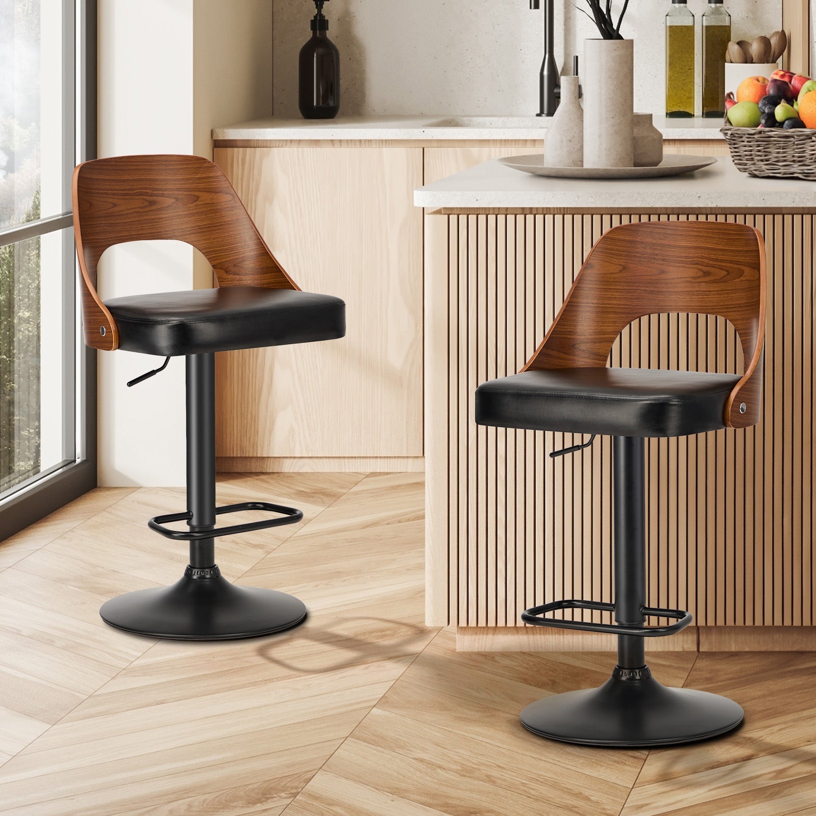 Oikiture 2x Bar Stools Swivel Counter Stool Kitchen Gas Lift Chair Leather Black - Sunyee
