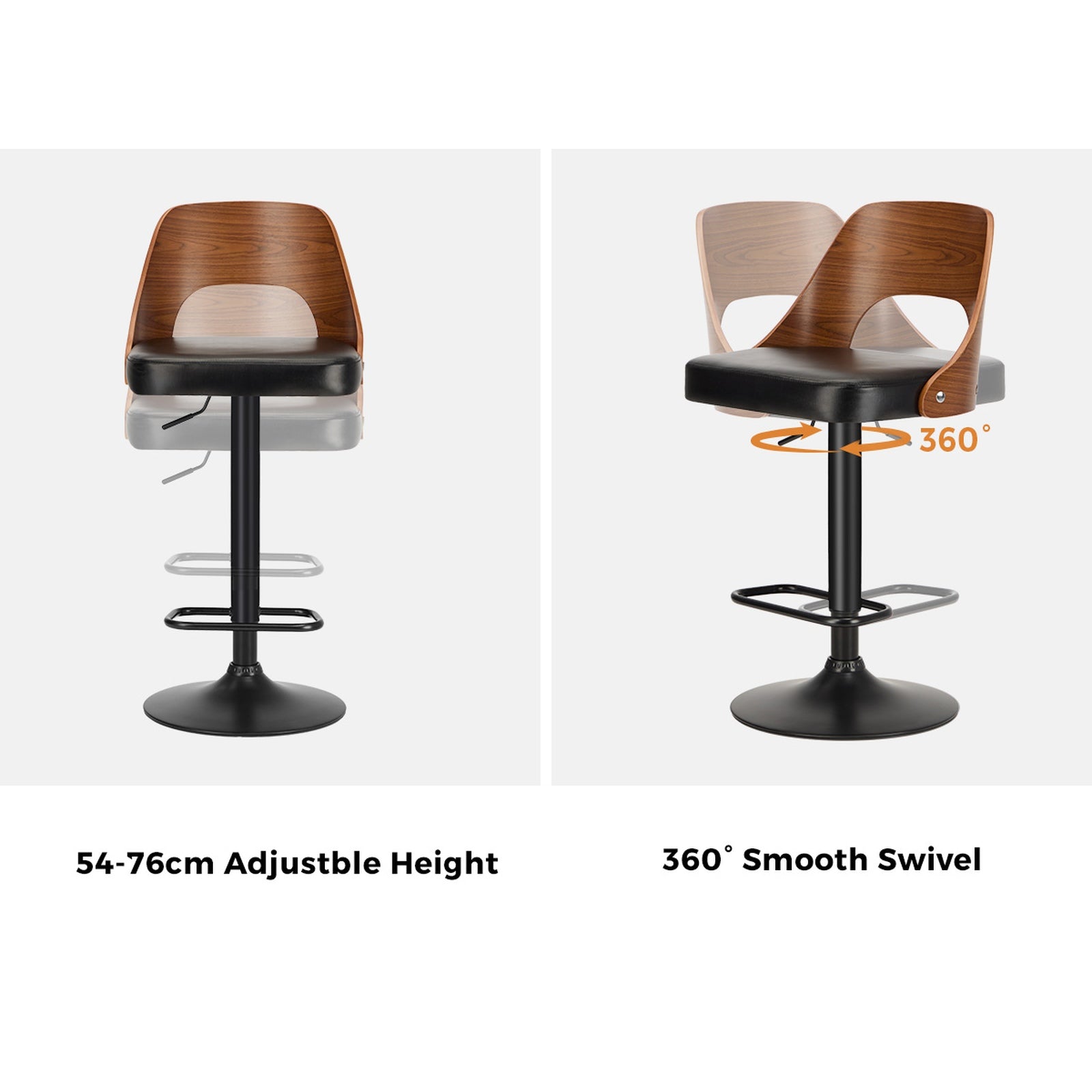 Oikiture 2x Bar Stools Swivel Counter Stool Kitchen Gas Lift Chair Leather Black - Sunyee