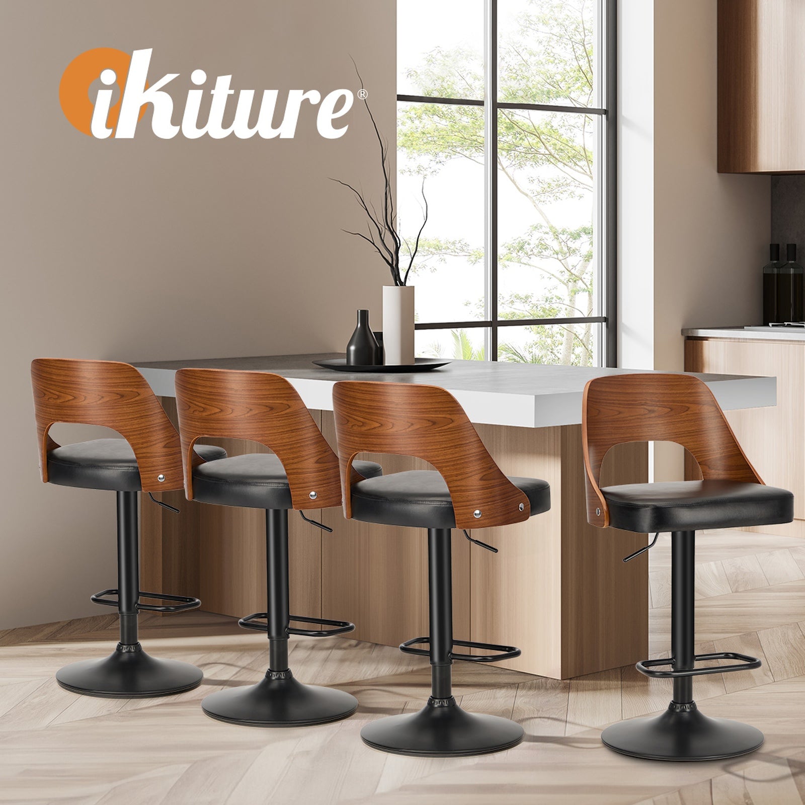 Oikiture 2x Bar Stools Swivel Counter Stool Kitchen Gas Lift Chair Leather Black - Sunyee